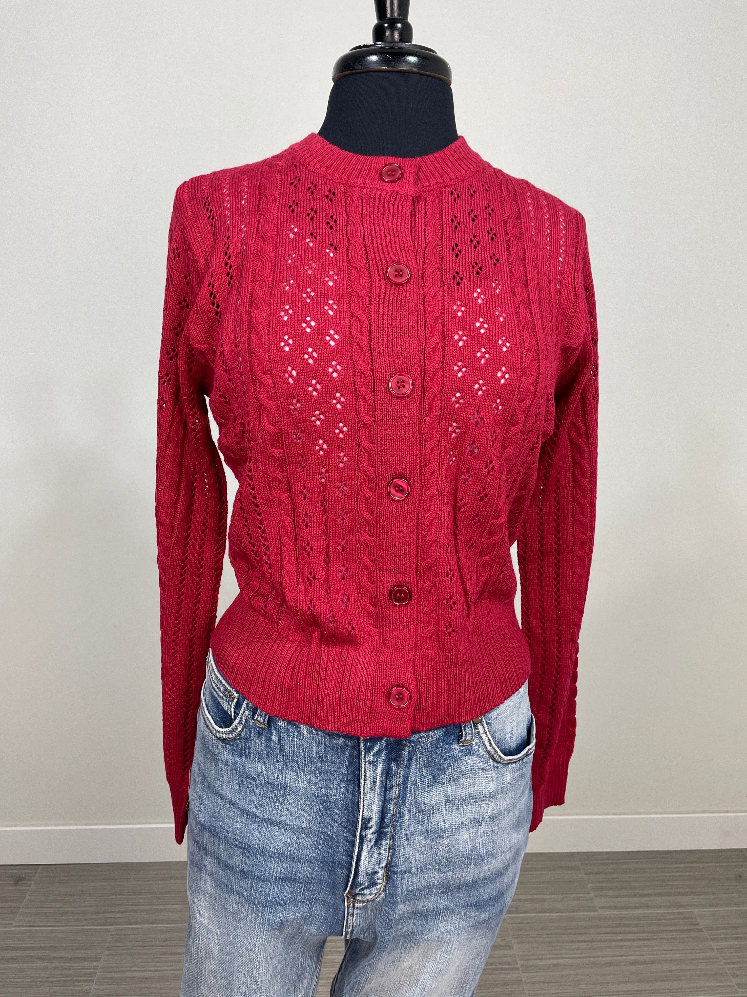 Red Sheer Cable Knit Cardigan