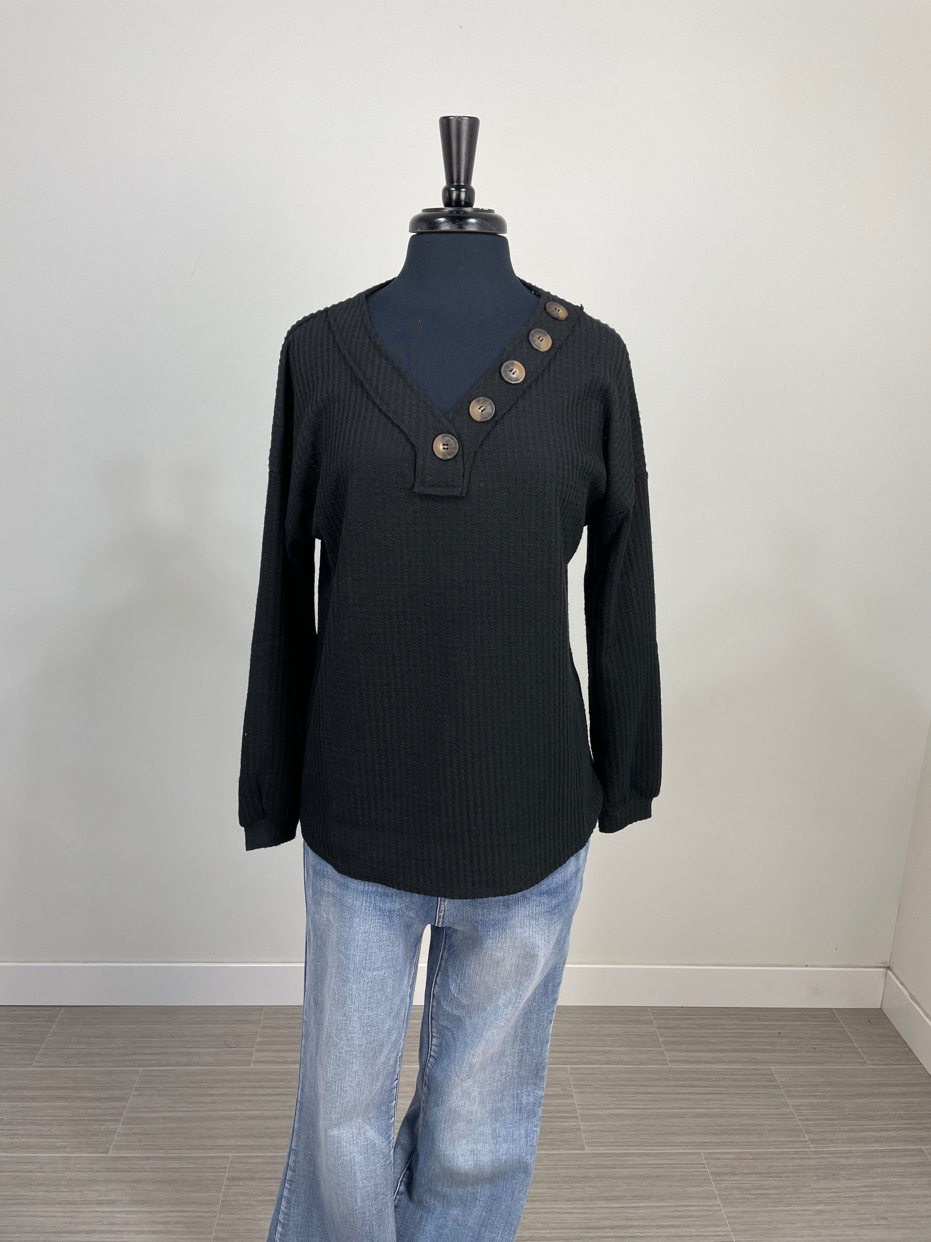 Black Henley Waffle Top