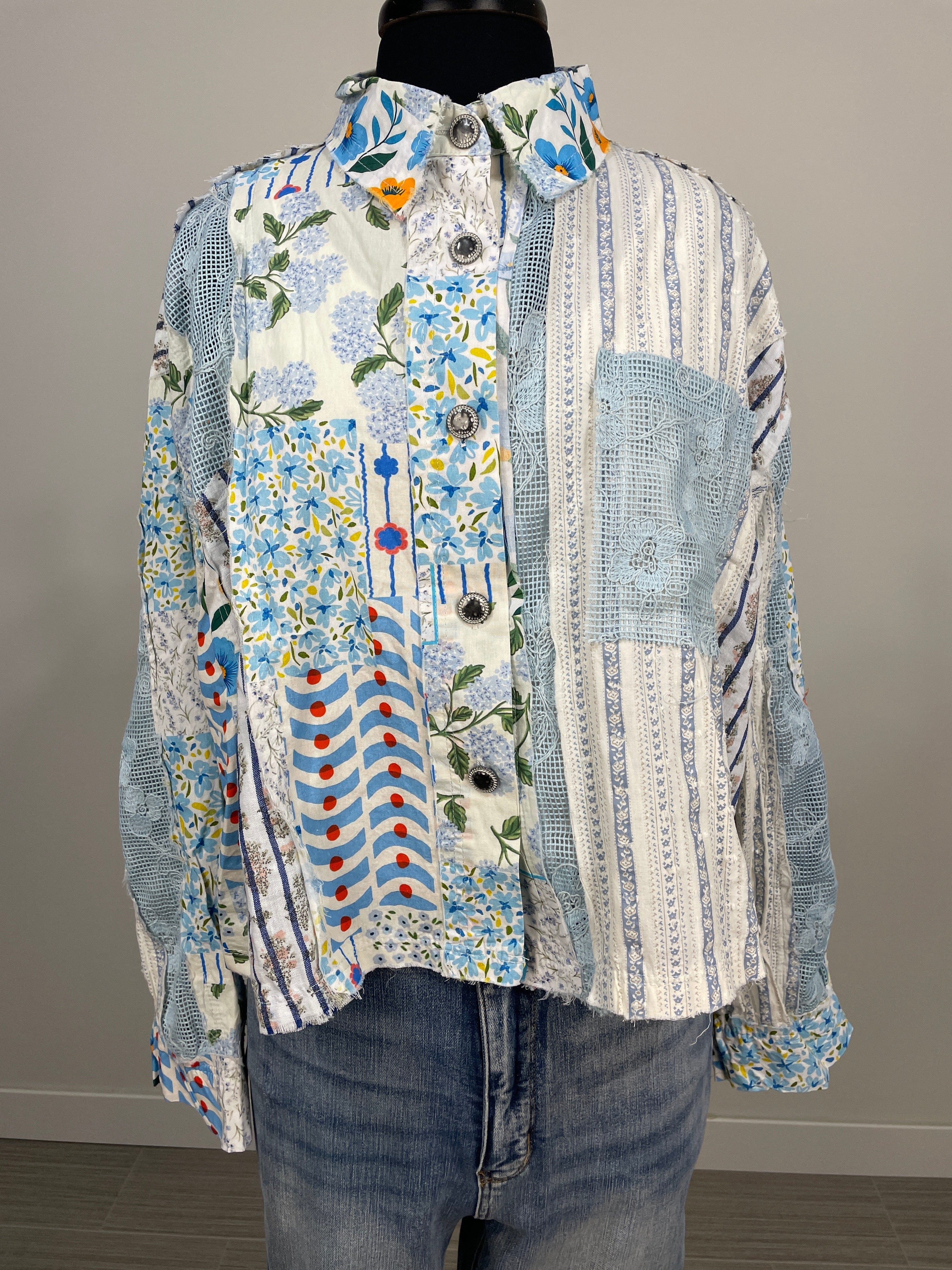 Light Sky Multi Media Crop Button Up Blouse