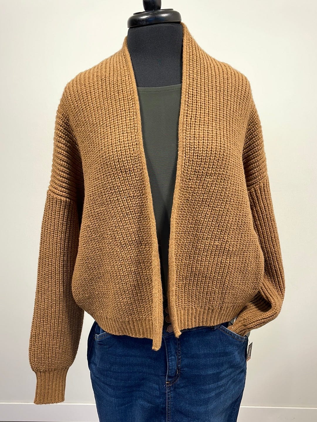 Deep Camel Drop Shoulder Cropped Cardigan