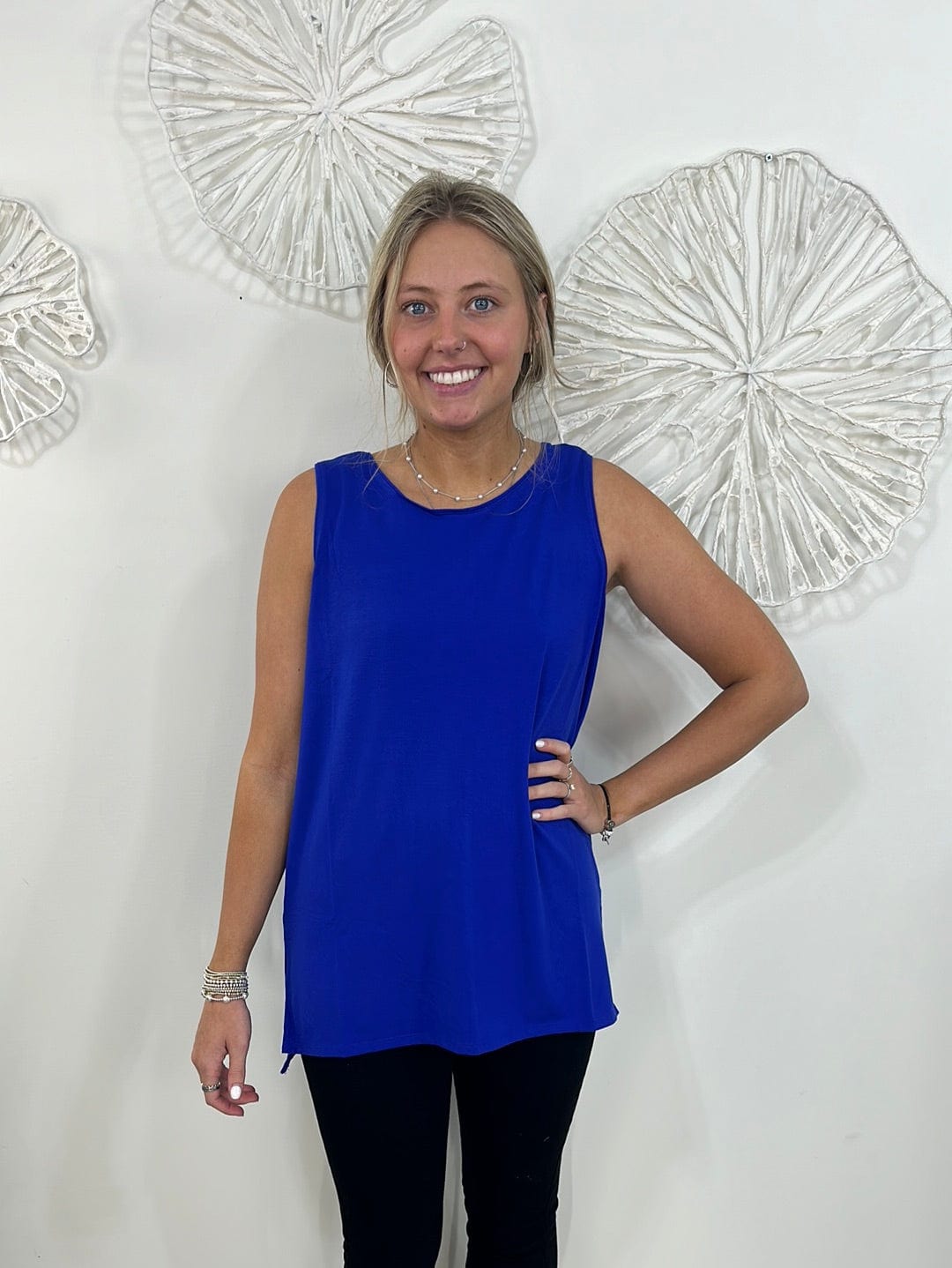 Bright Blue Sleeveless Round Top