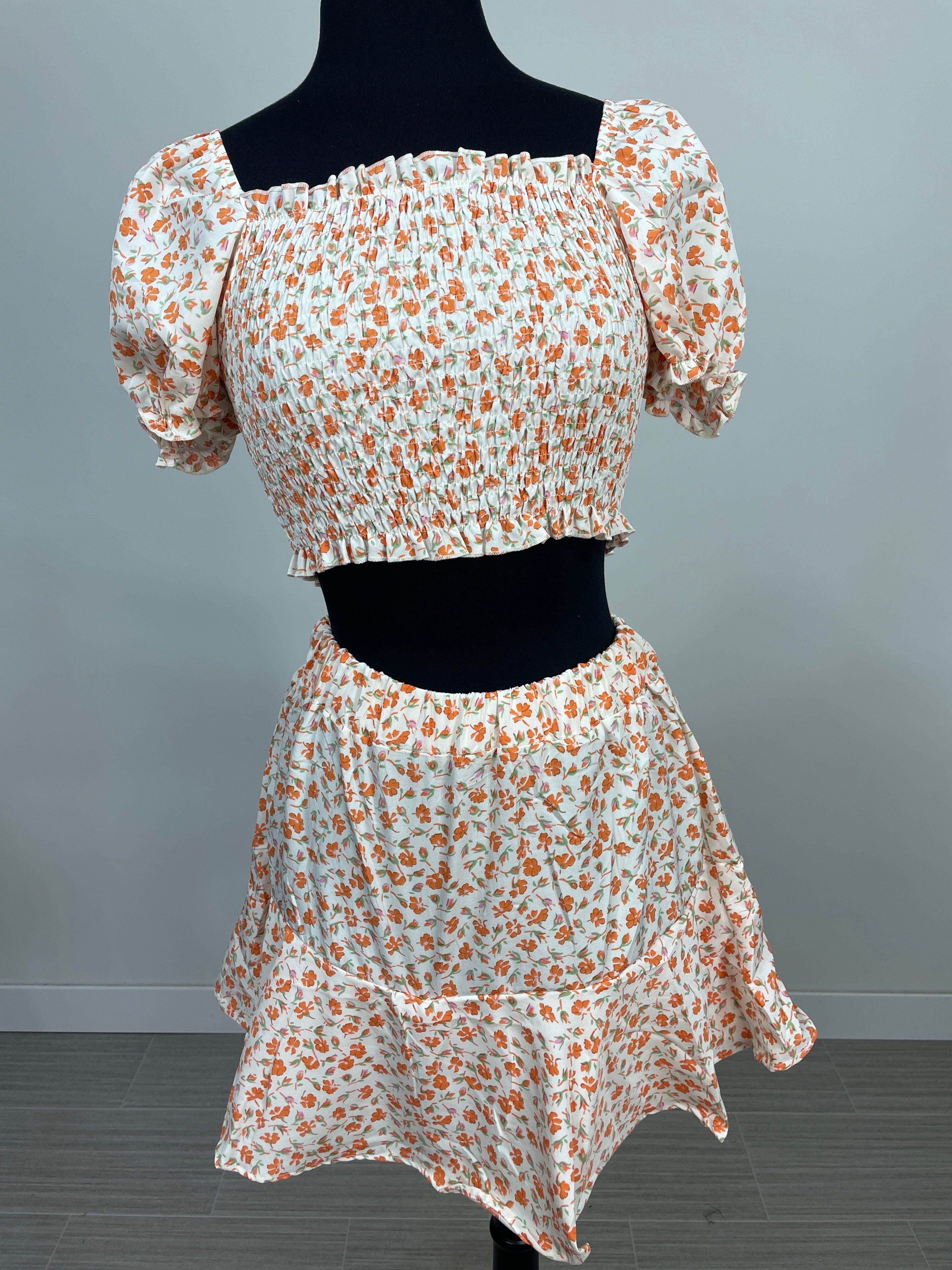 Cream & Orange Floral 2pc Skirt & Crop Top Set