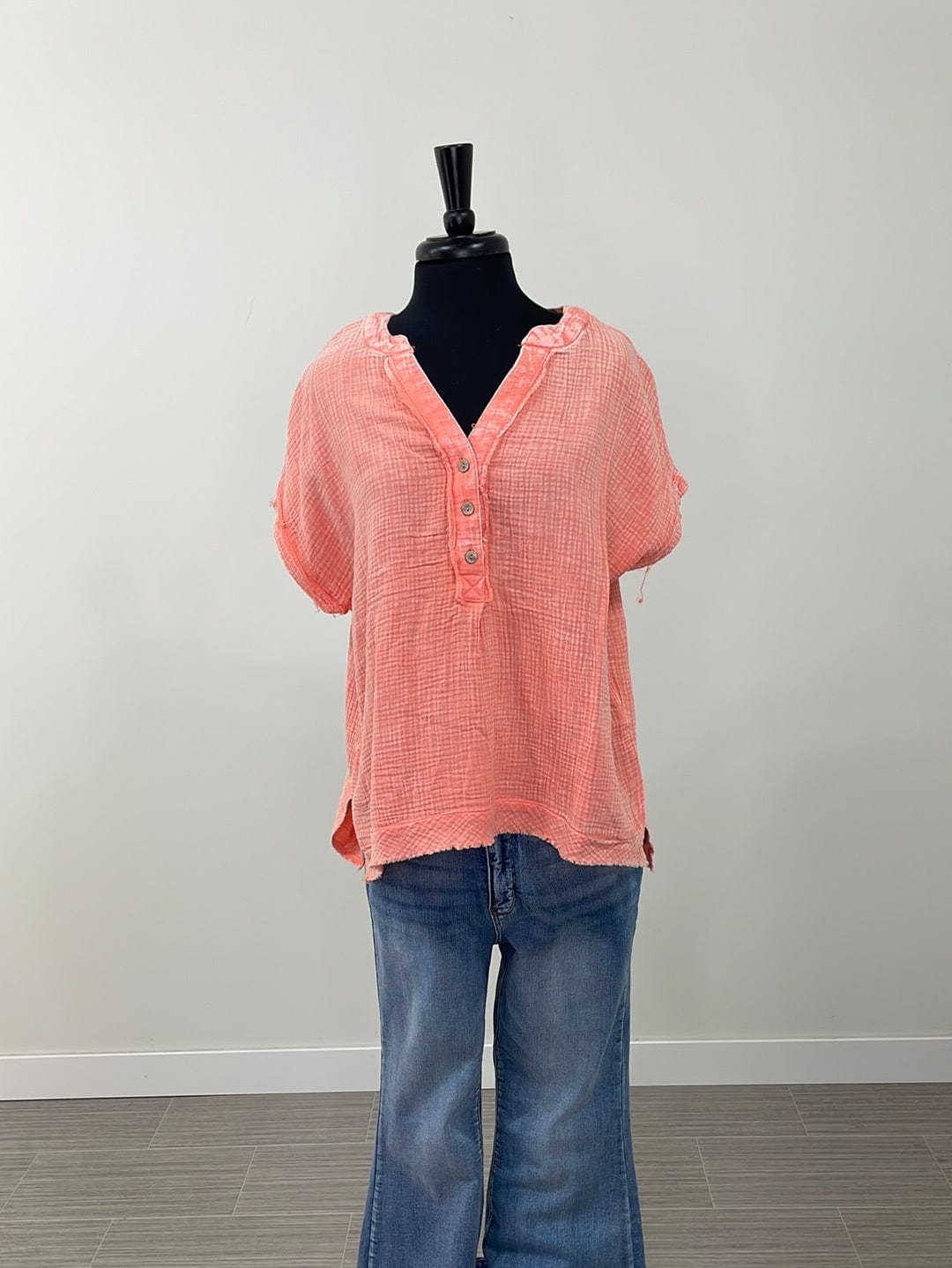 Coral Gauze 3/4 Button Henley Top