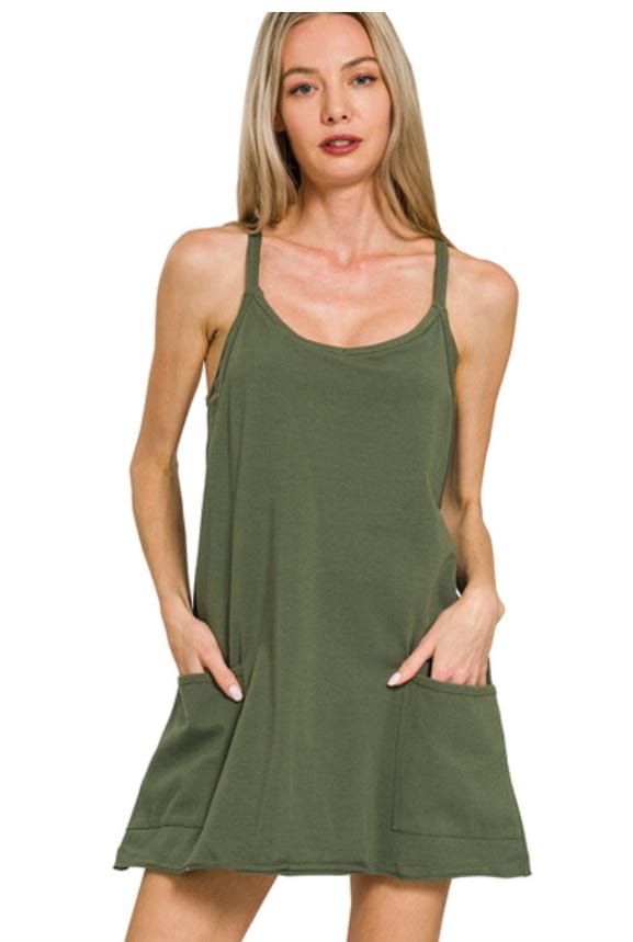 Dark Olive Mini Dress with Built-in Romper Liner
