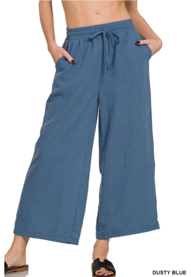 Dusty Blue Woven Crepe Drawstring Crop Pant