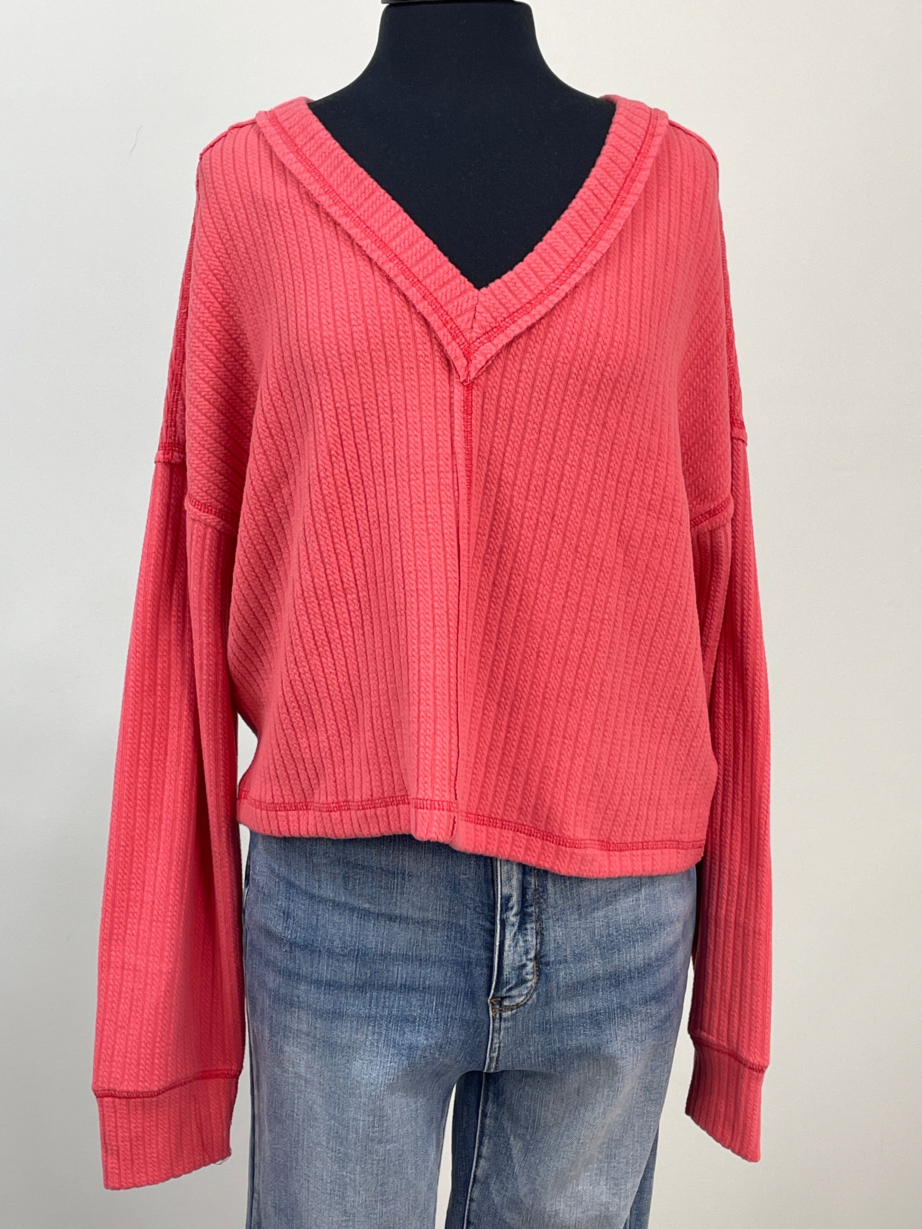 Coral Vneck Cropped Pullover