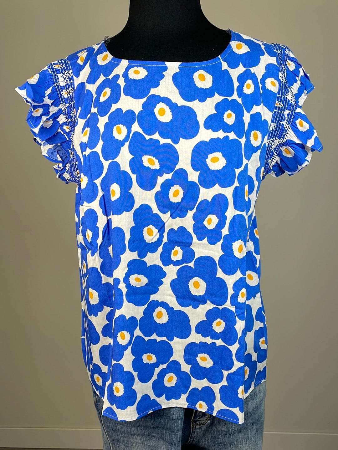 Royal Floral Blue Ruffle Top