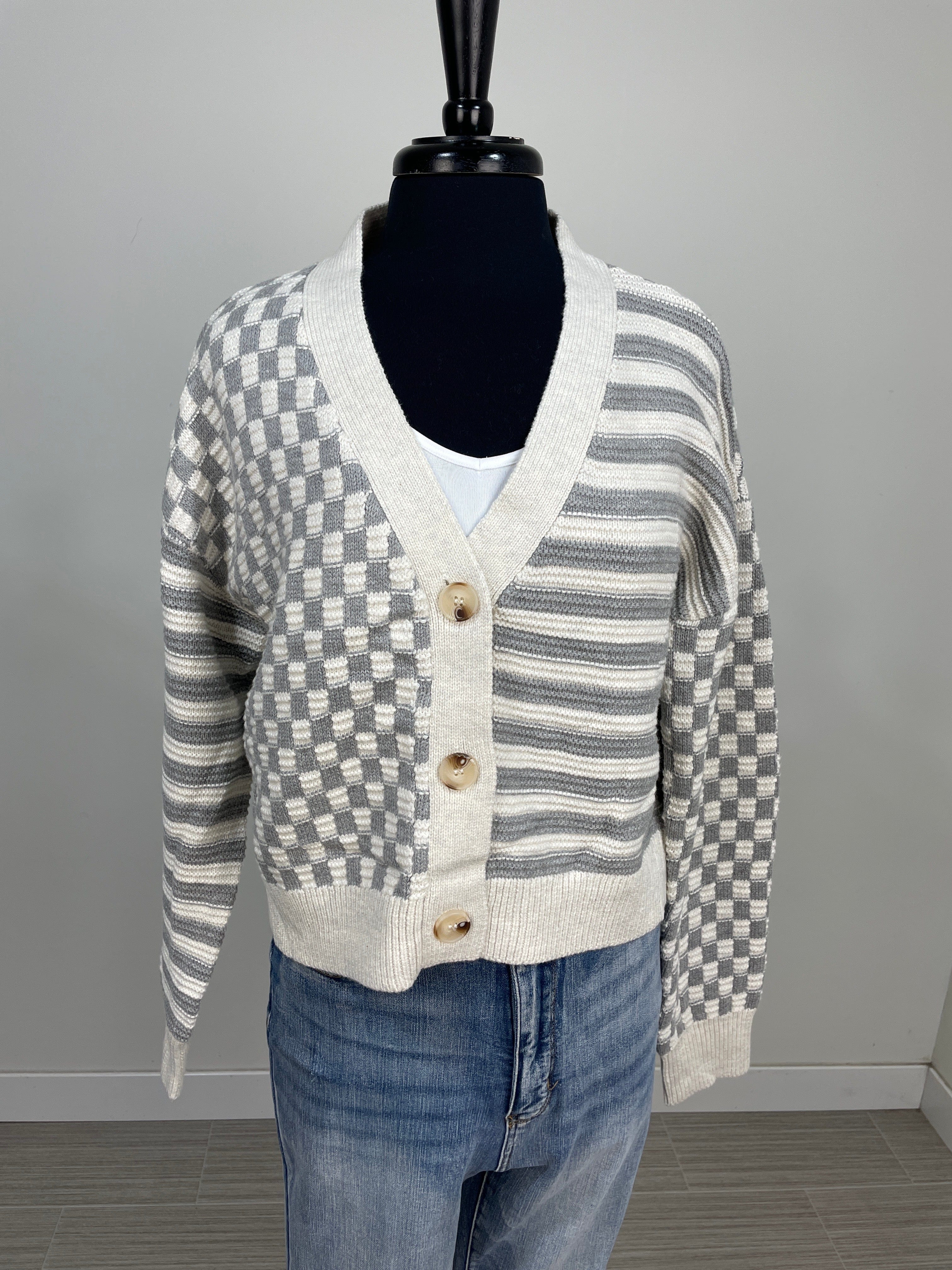 Grey & Ivory Stripe & Check Cardigan