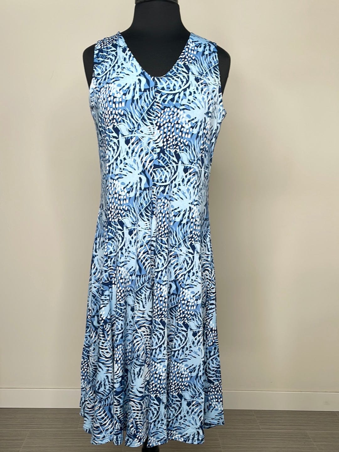 Blue & White Palm Sleeveless Dress