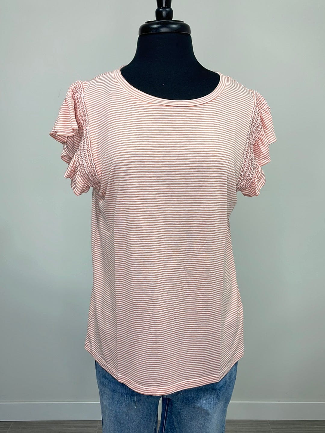 Orange Pinstripe Ruffle Cap Sleeve Top