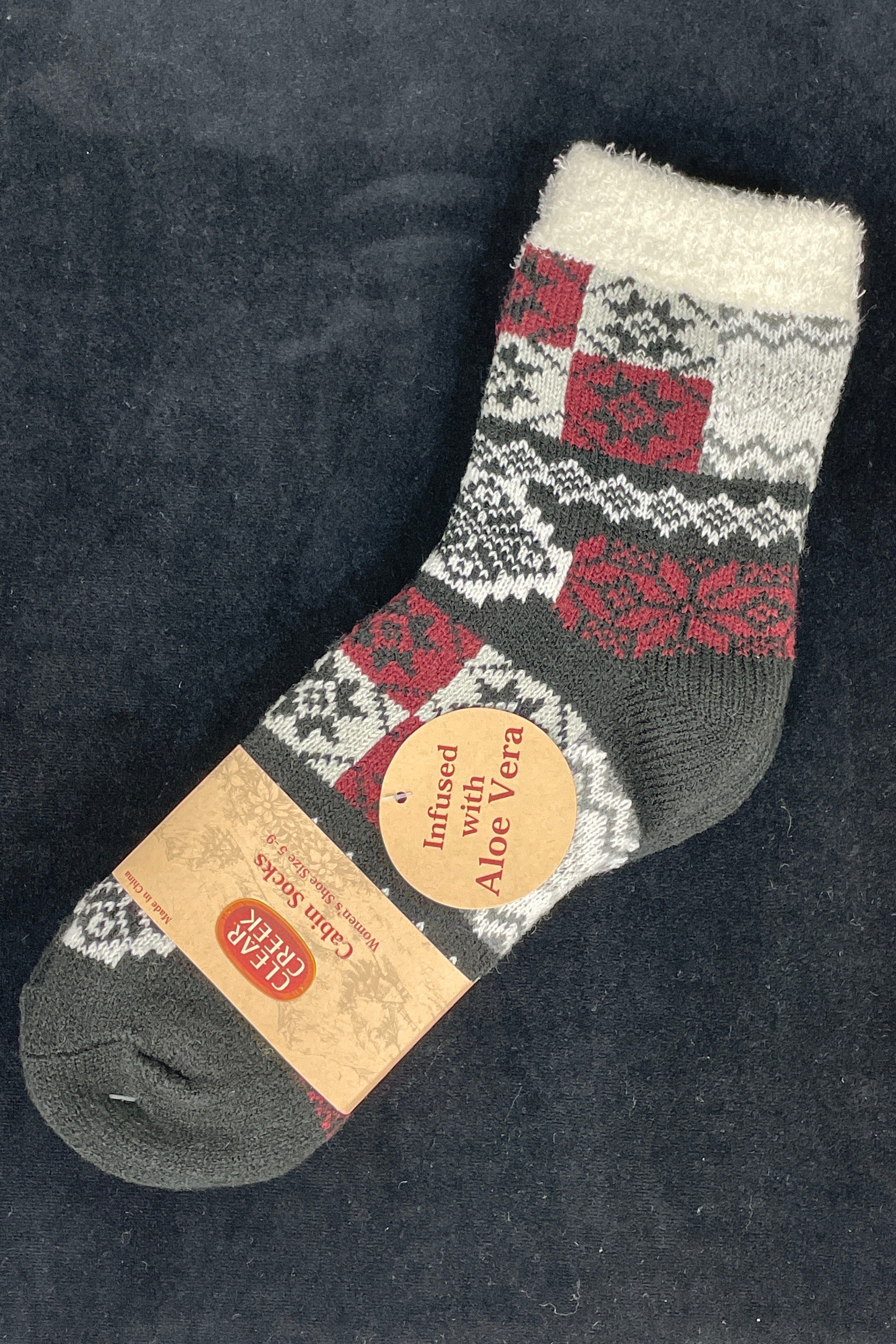 Black & Burgundy Snowflake Aloe Cabin Sock