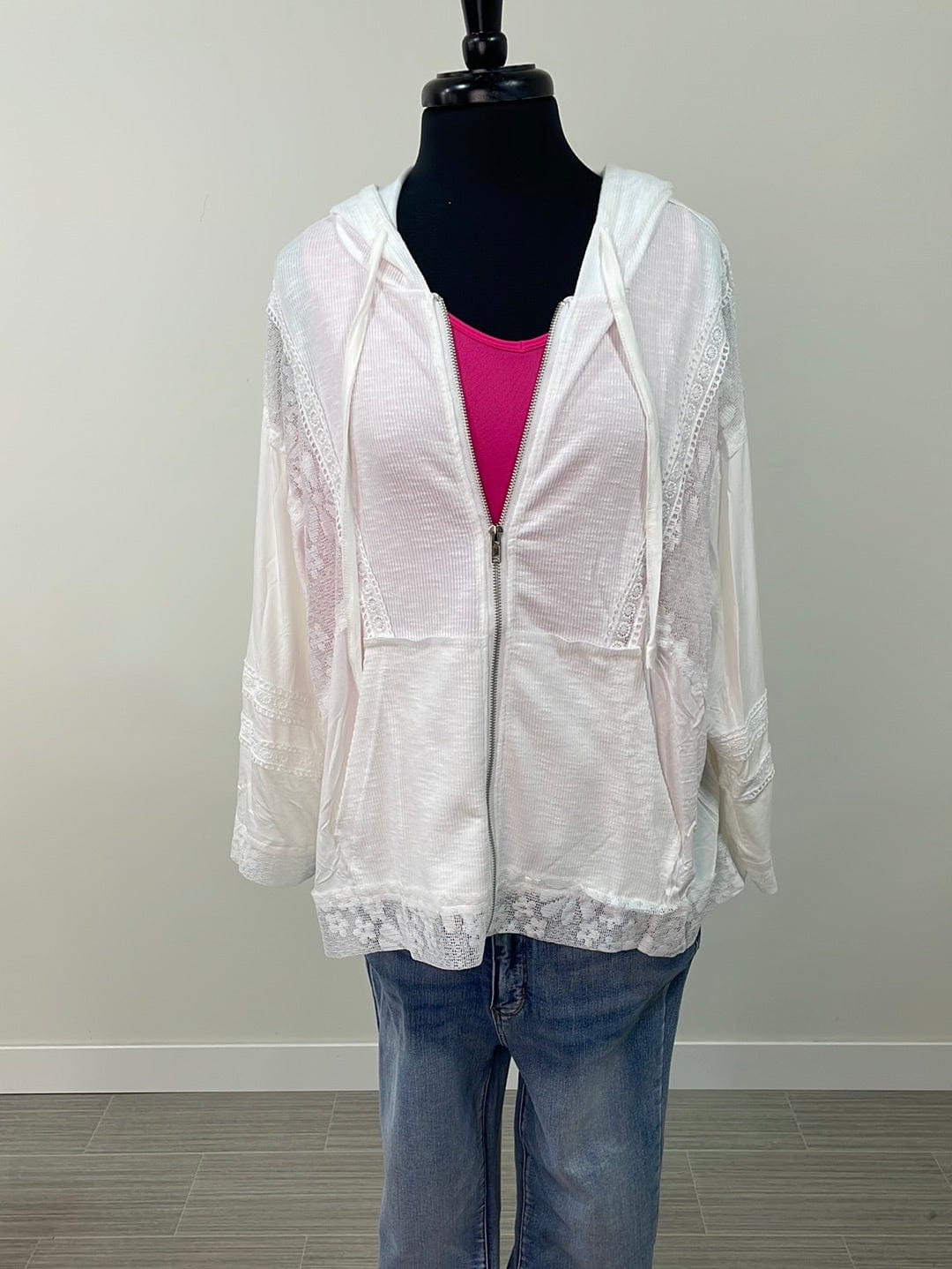 White Lace Detail Zip Hoodie