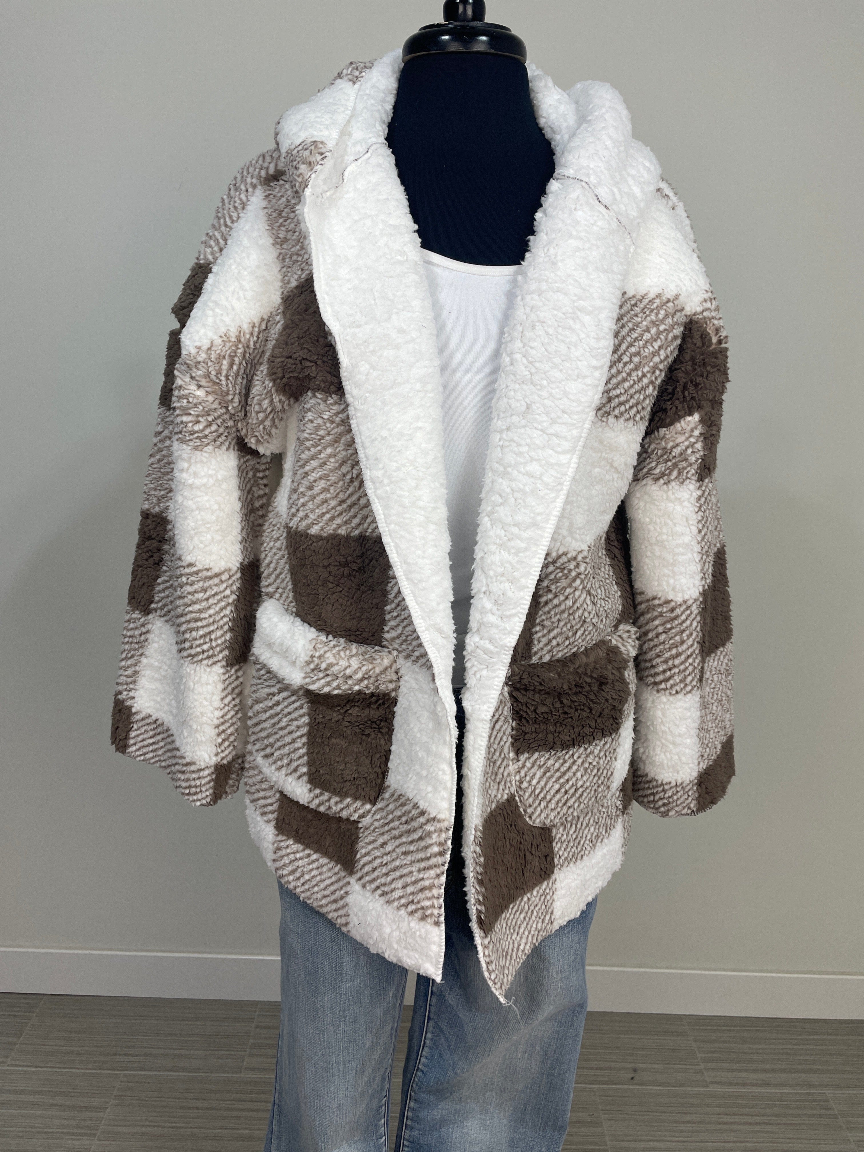 Brown & White Check Hooded Sherpa Cardigan Jacket