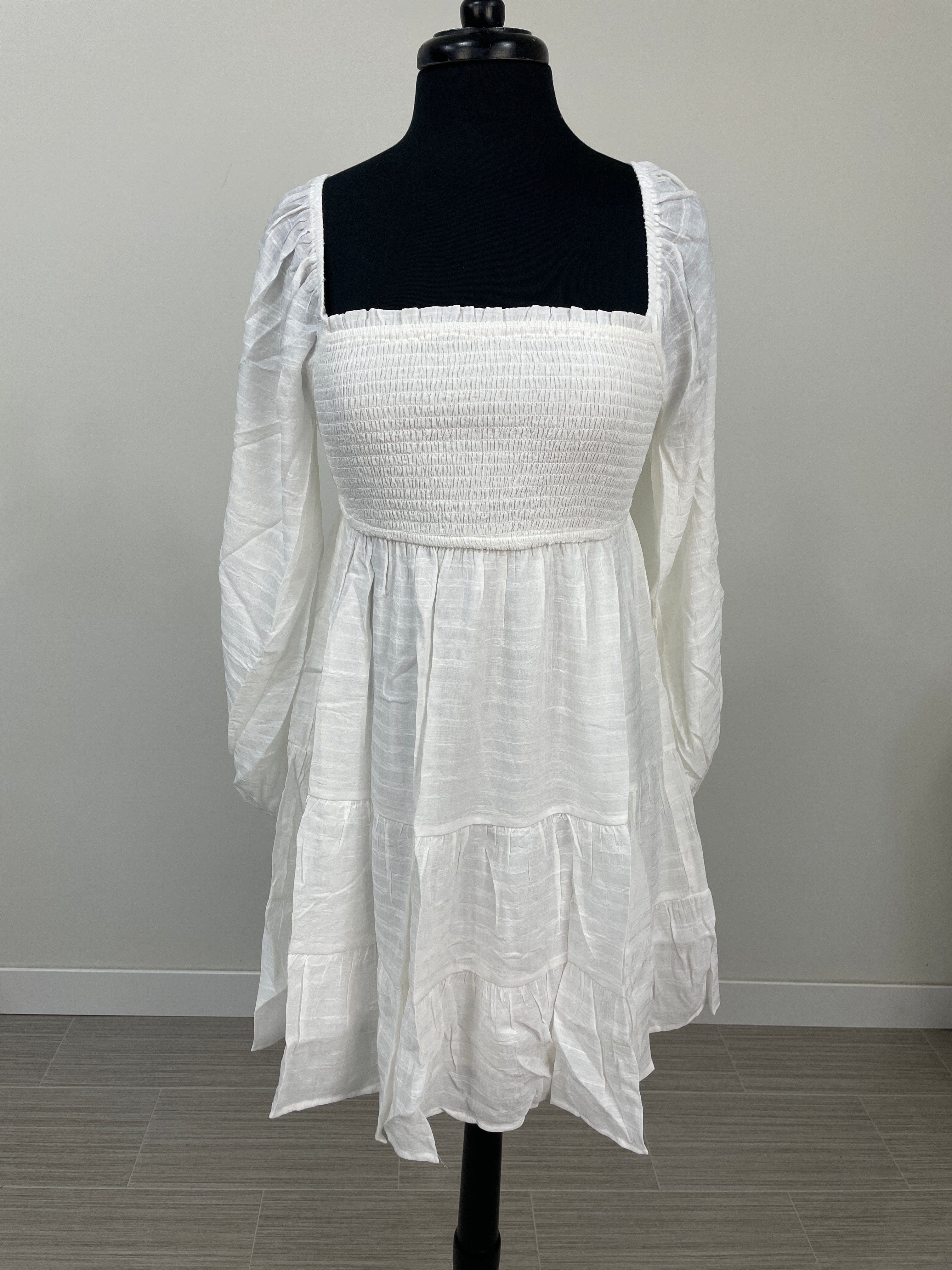 White Bubble Sleeve Woven Babydoll Dress