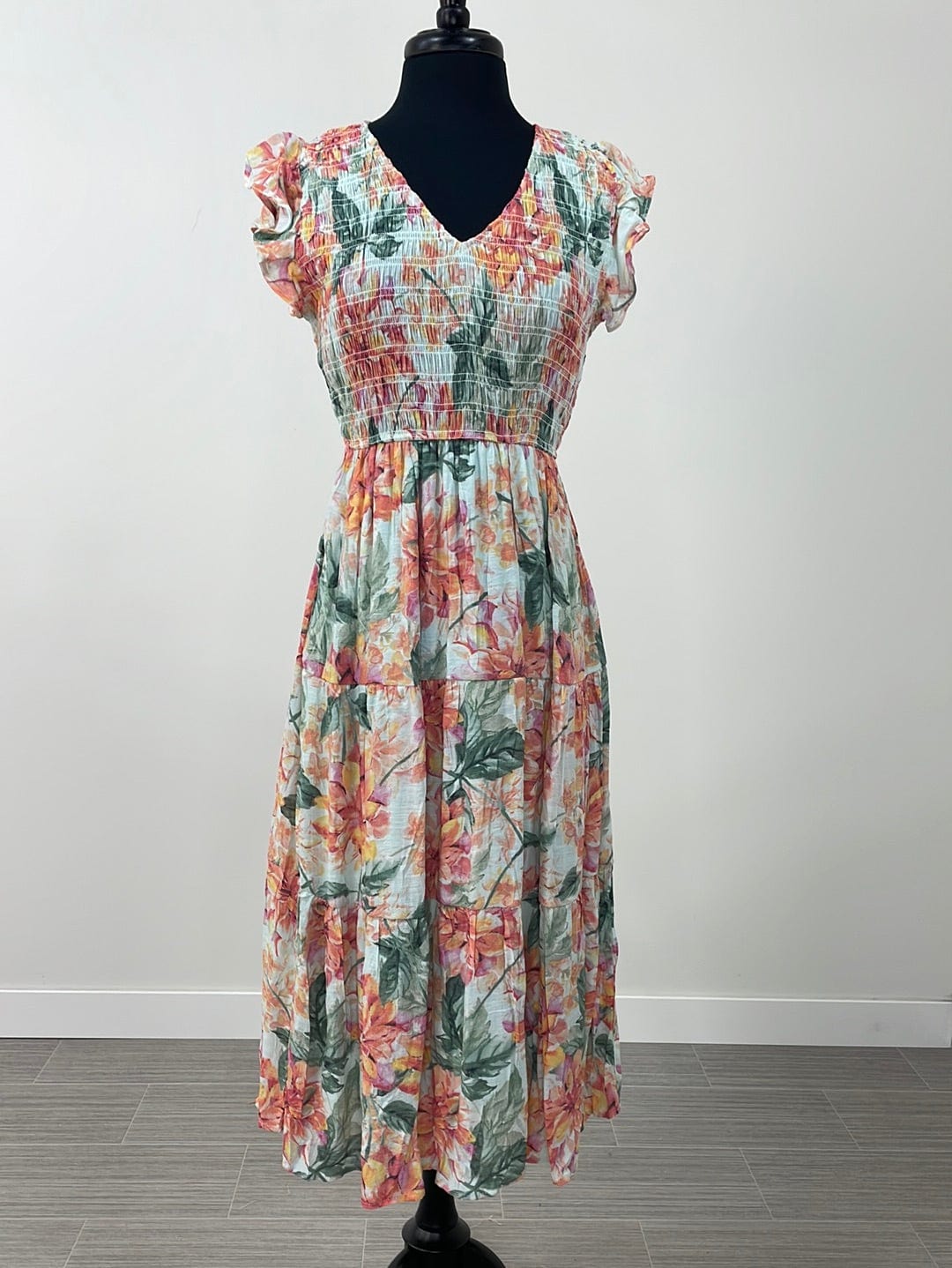 Smocked VNeck Floral Midi Dress