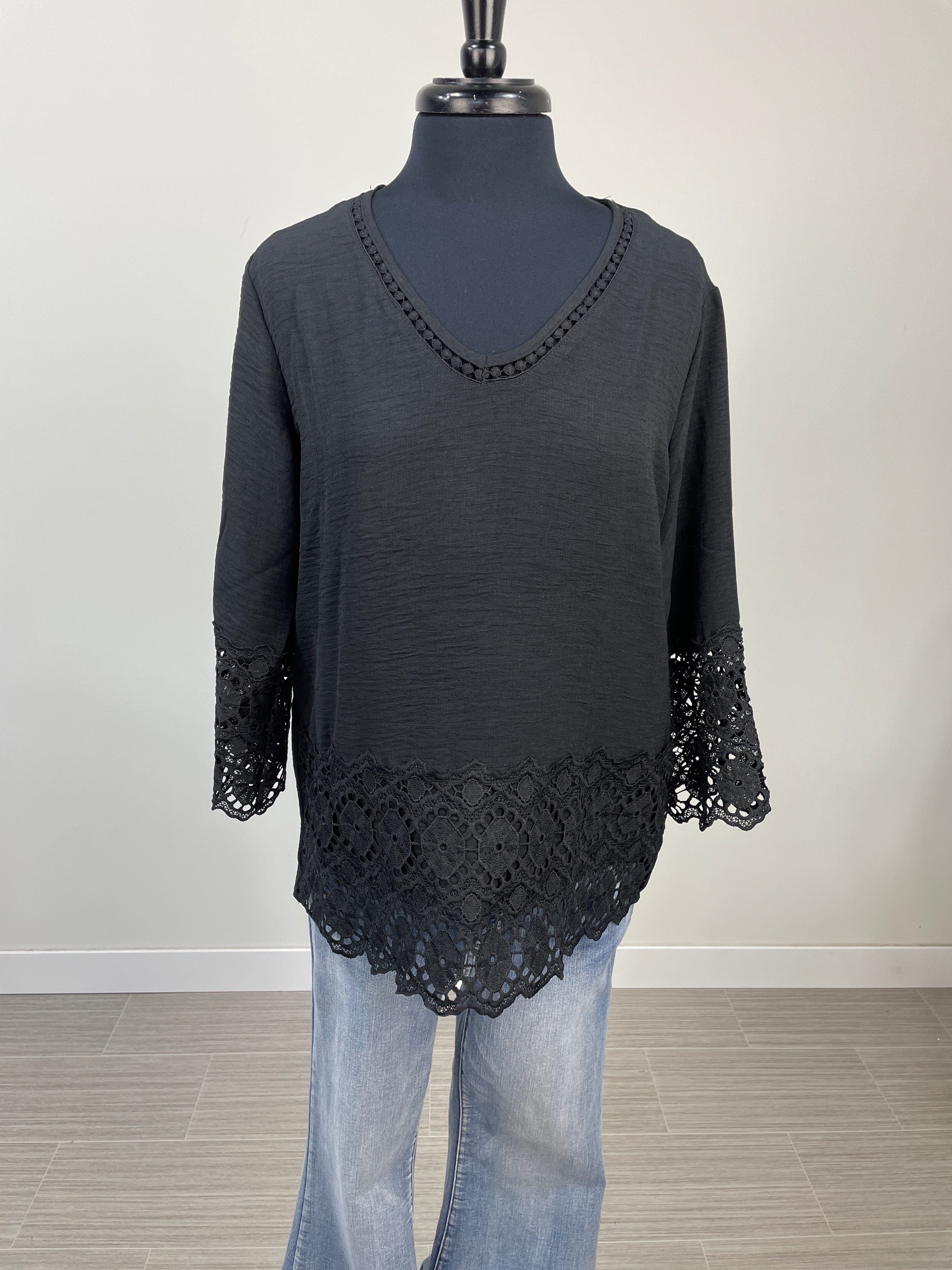 Black V-Neck Embroidered Pullover Top