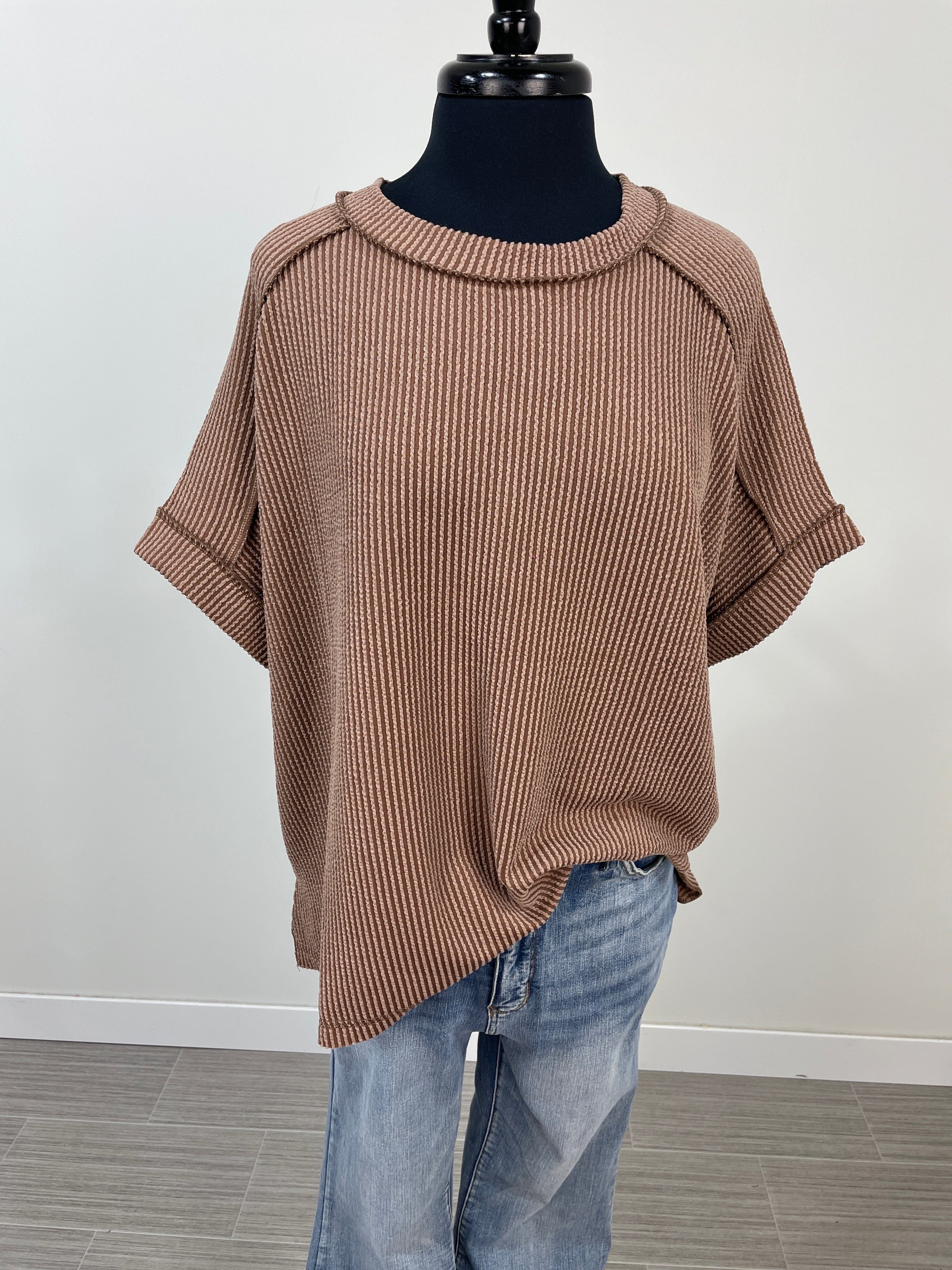 Brown Raised Rib Cuff Sleeve Top