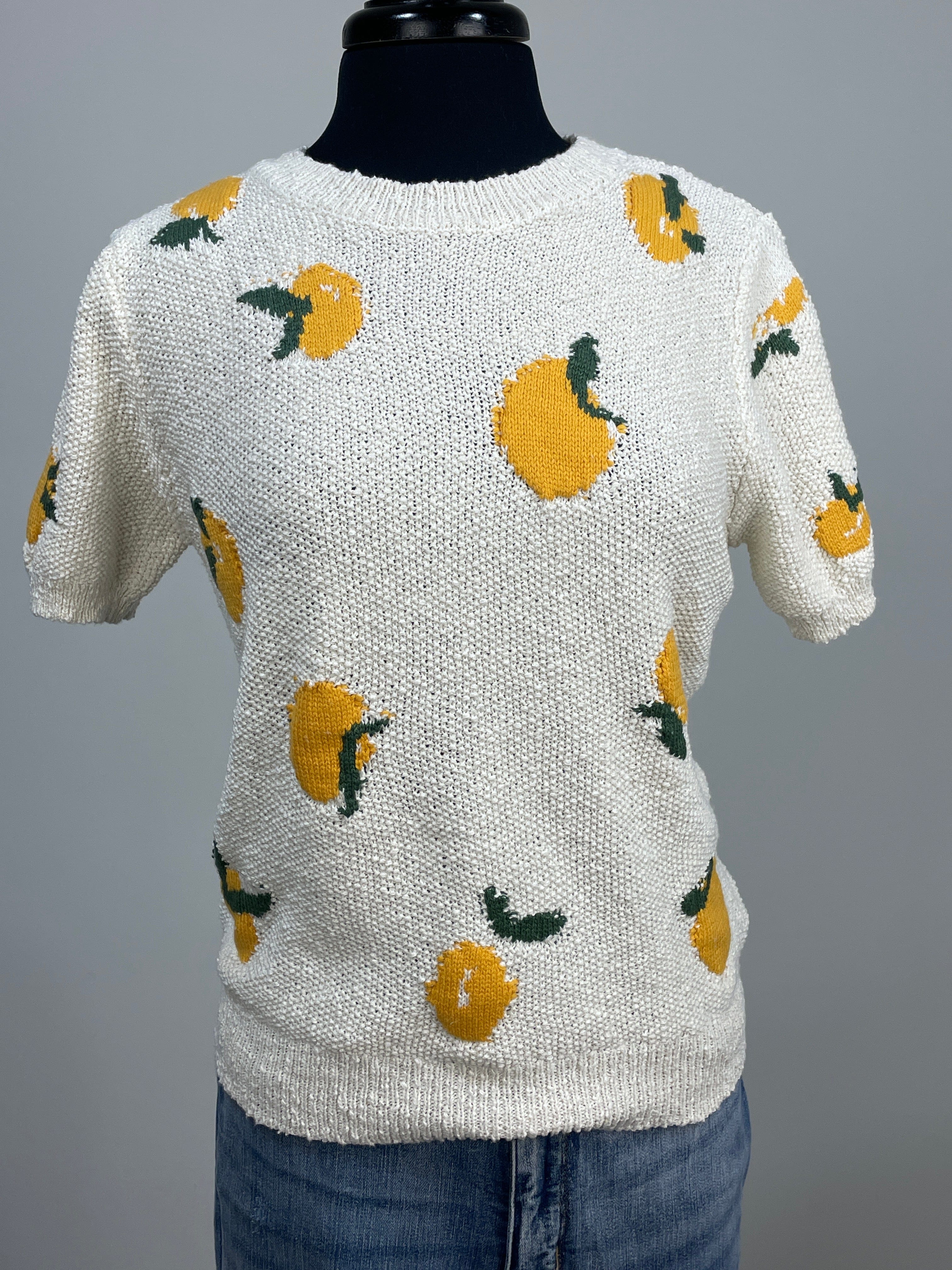Oatmeal Lemon Jacquard Short Sleeve Sweater