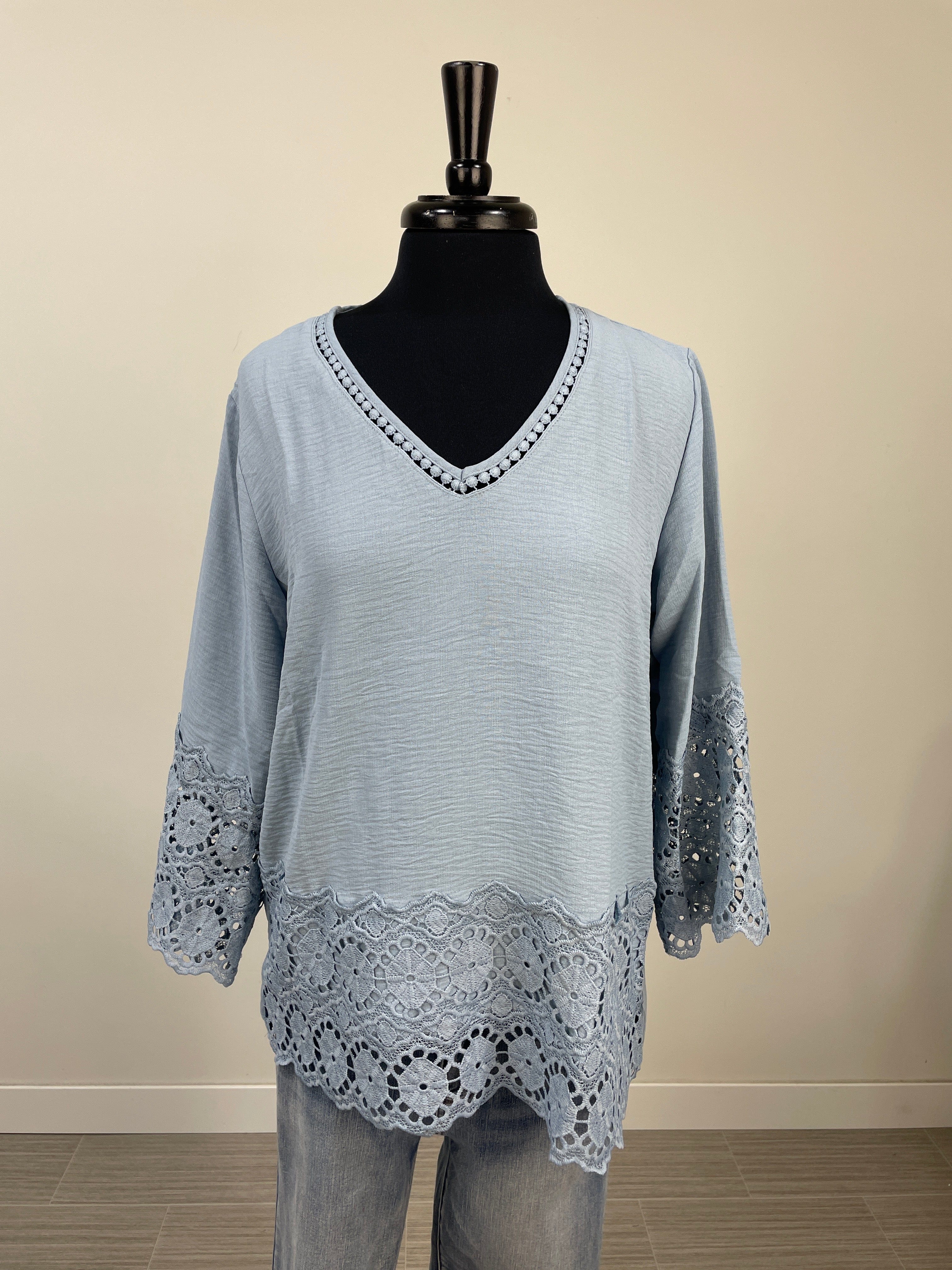 Dusty Blue V-Neck Embroidered Pullover Top