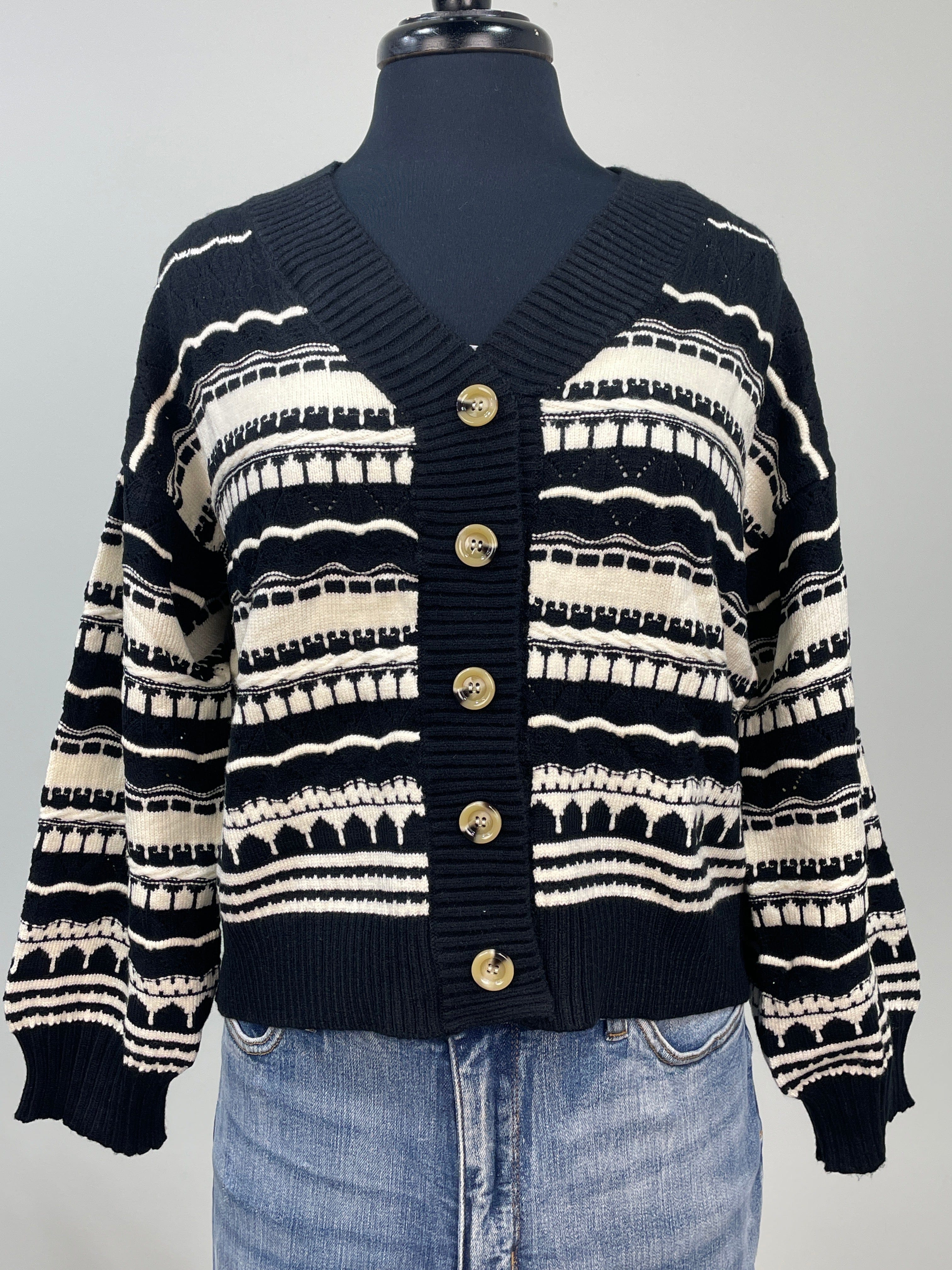 Black Stripe Texture Button Cardigan
