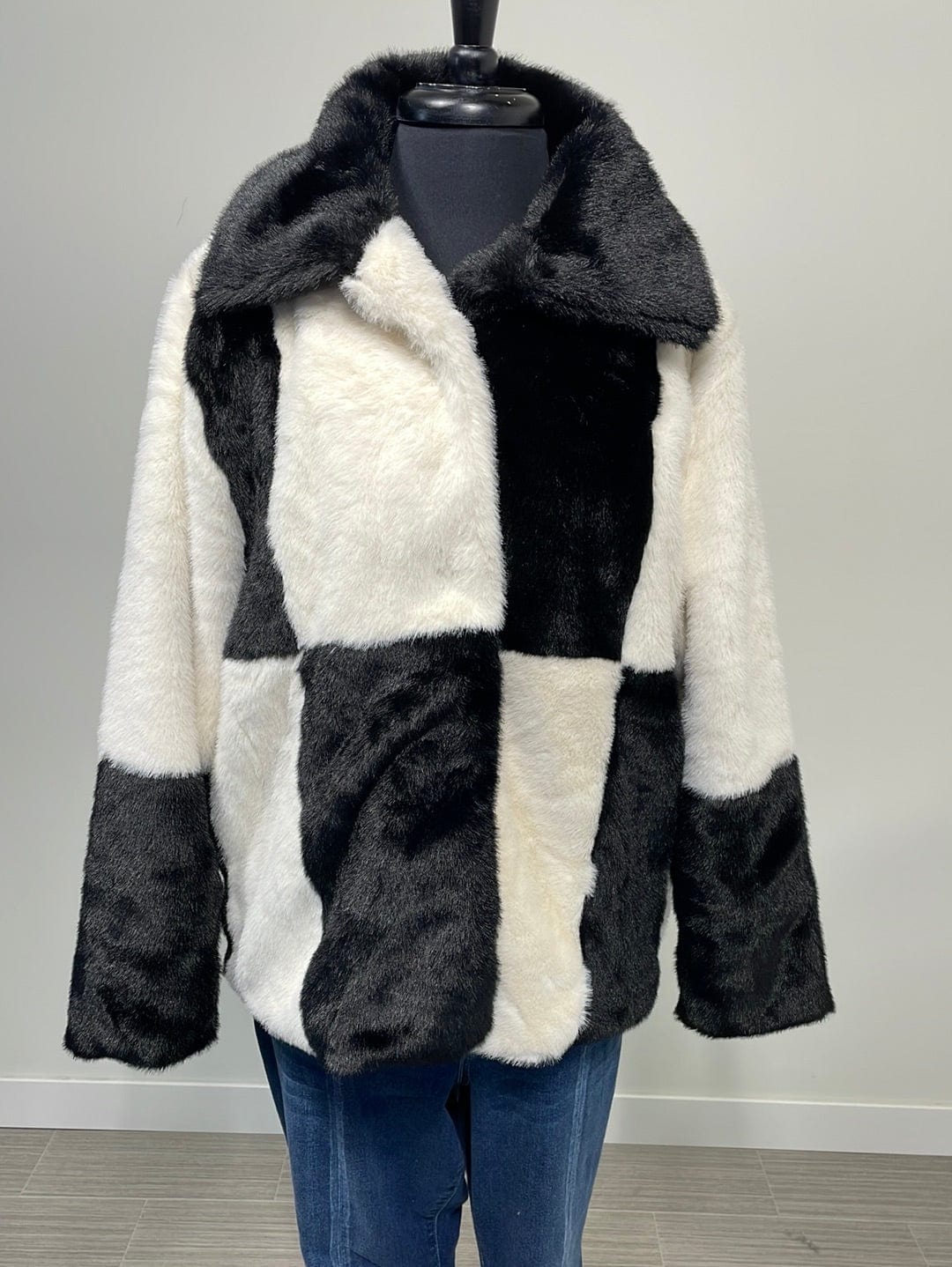 Black & White Checked Faux Fur Coat