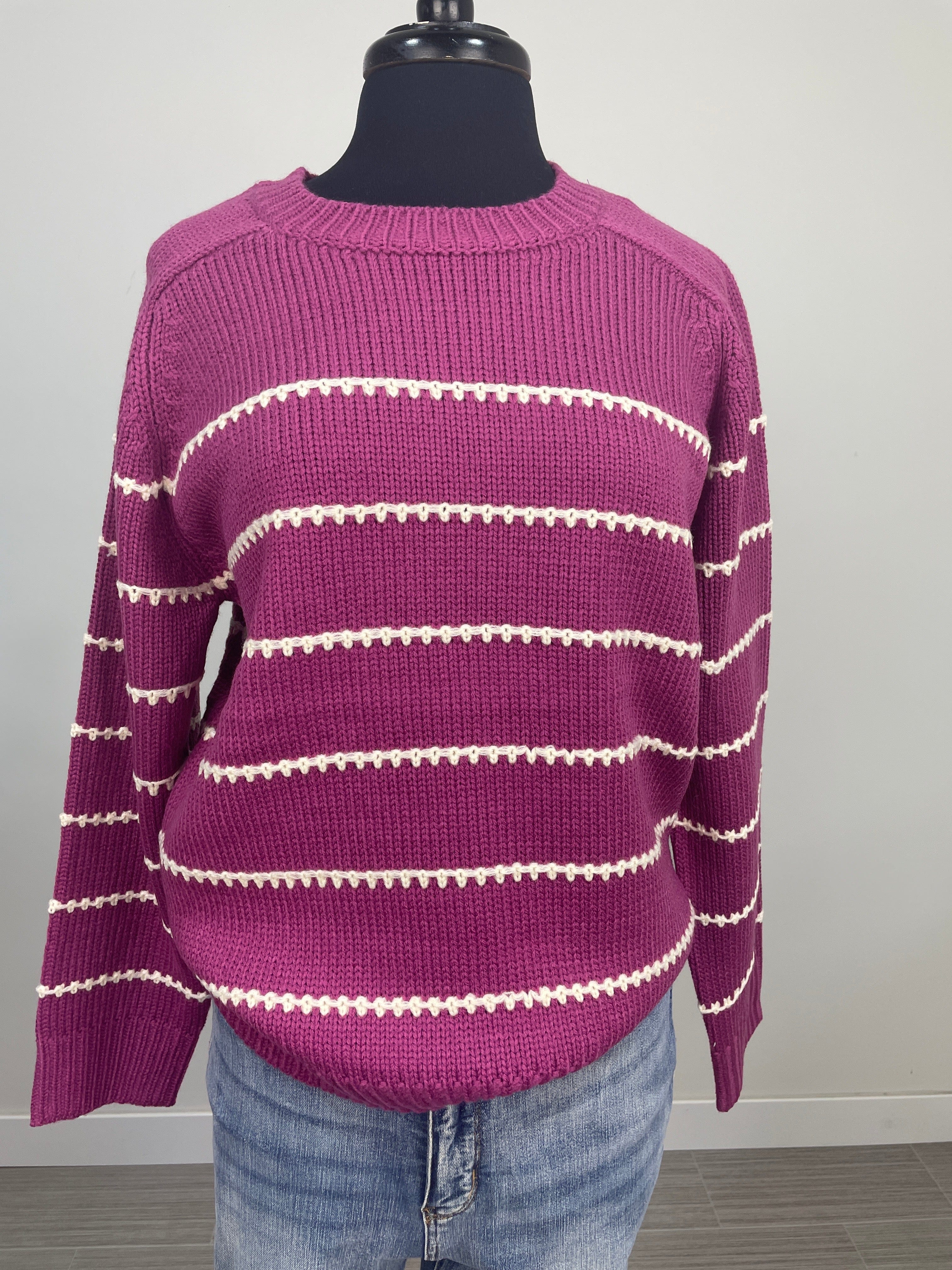 Berry with Ivory Stitch Detail Pullover Sweater