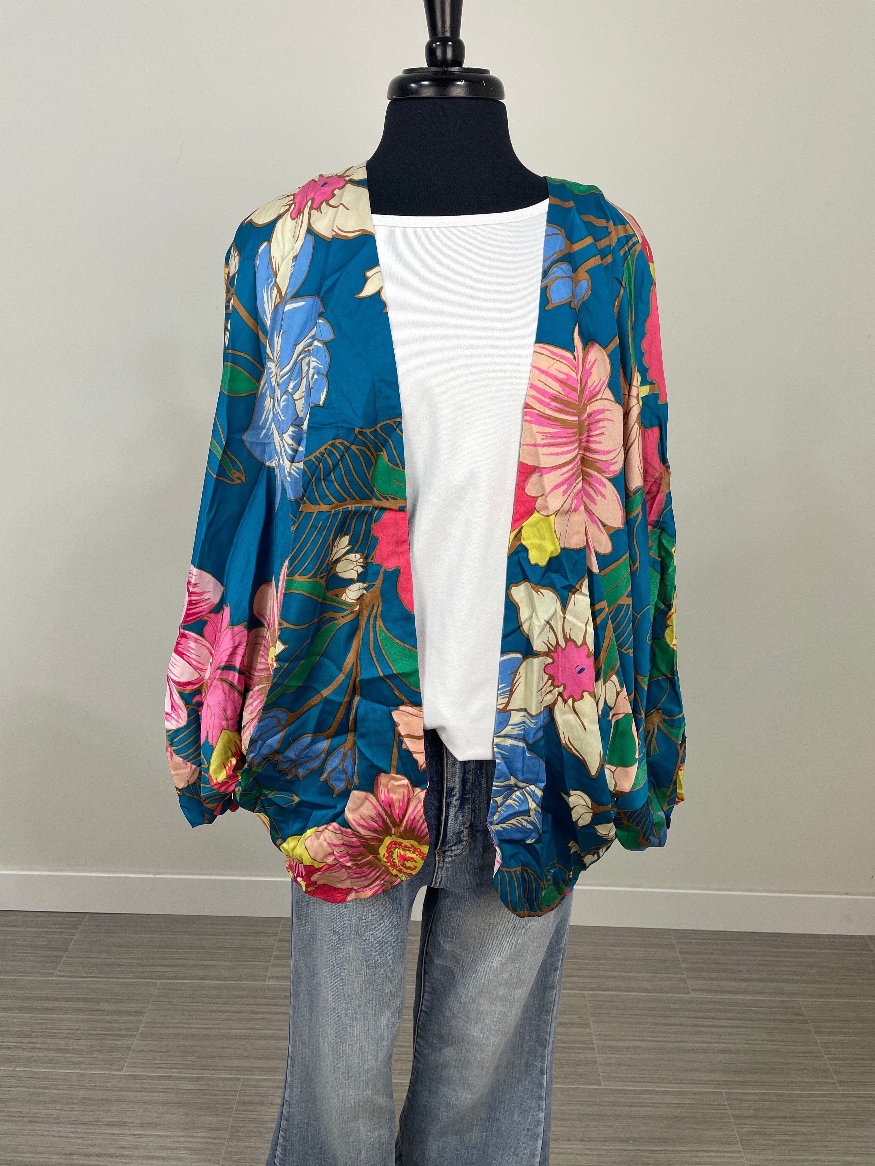 Teal Floral Open Front Kimono