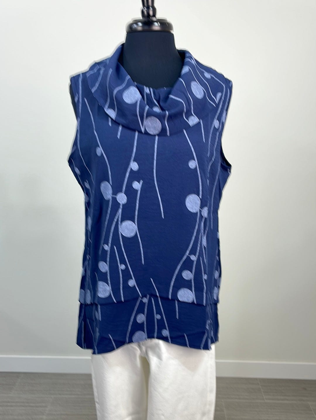 Navy Patterned Cowl Neck Top