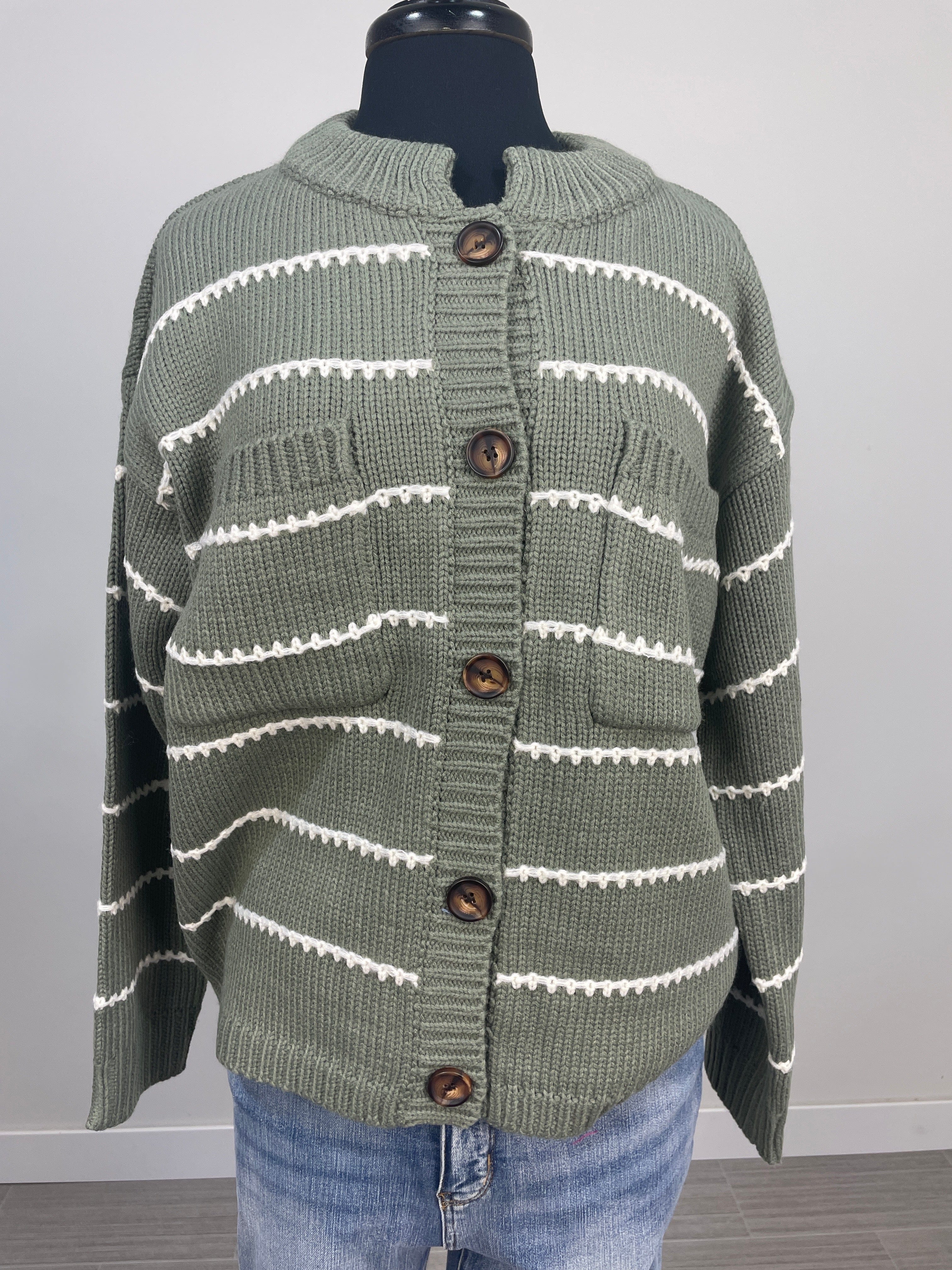 Sage with Ivory Stitch Detail Cardigan