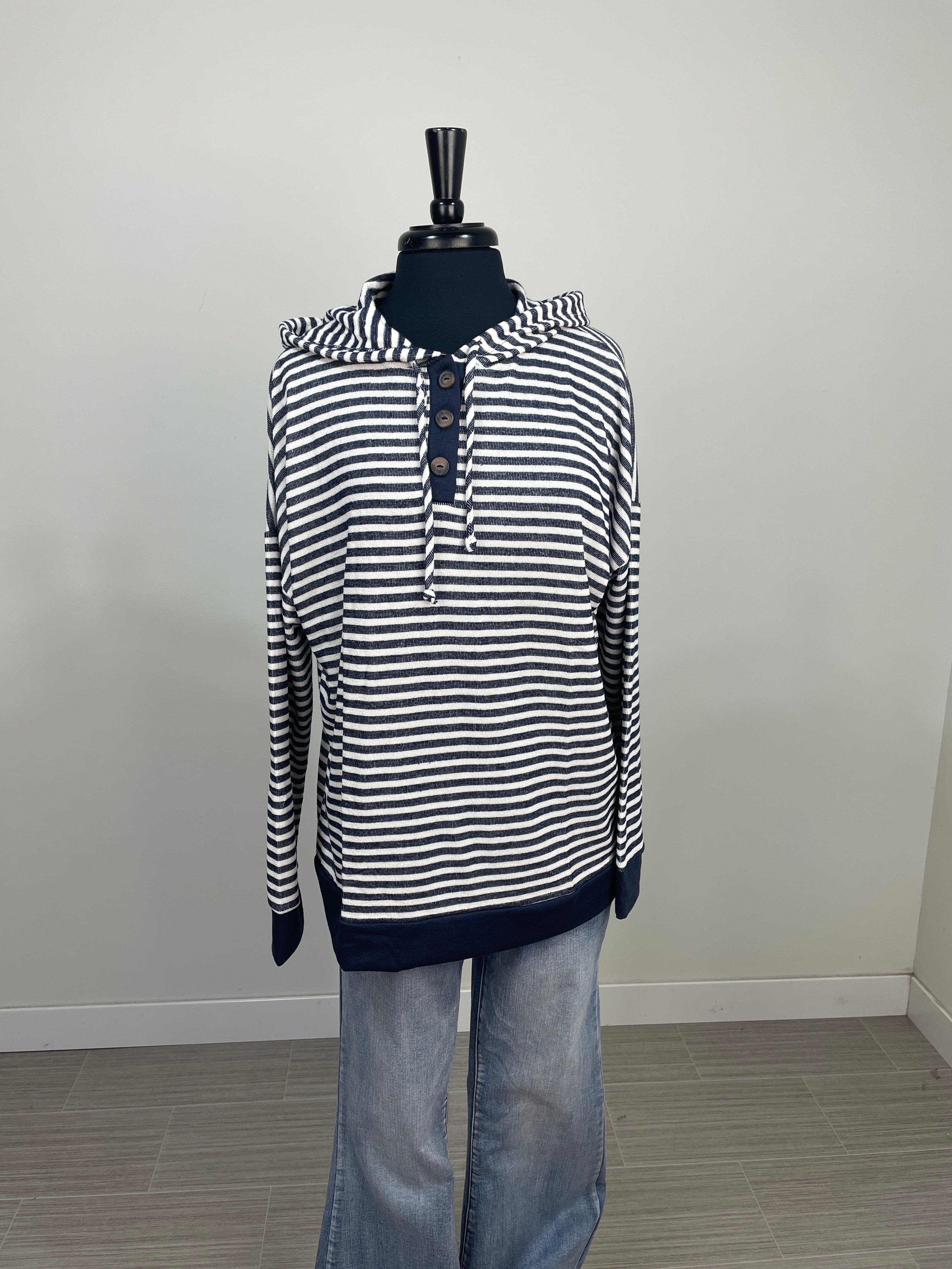 Navy Stripe Mix Hoodie Top