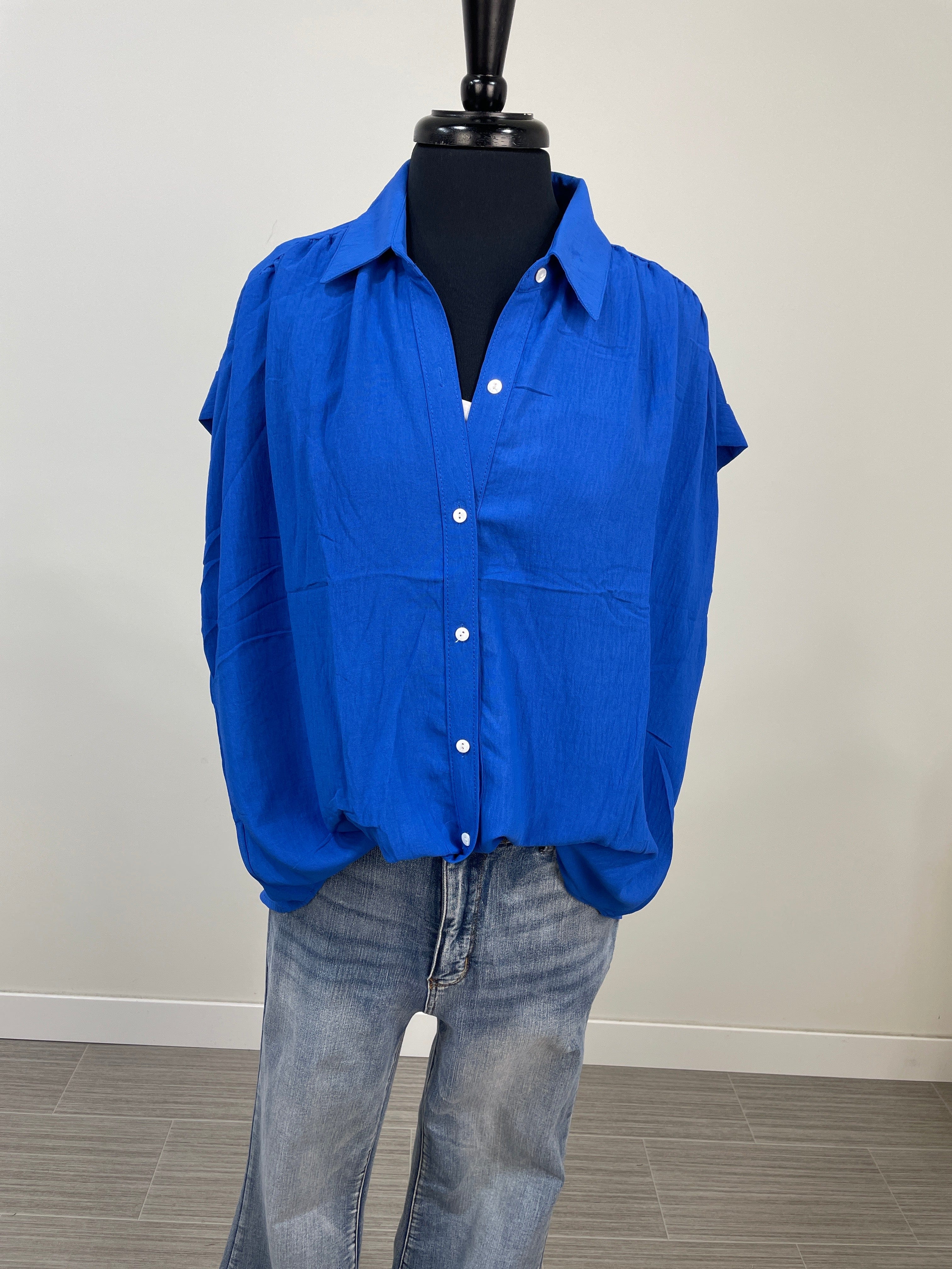 Royal Blue Cuffed Sleeve Button Top