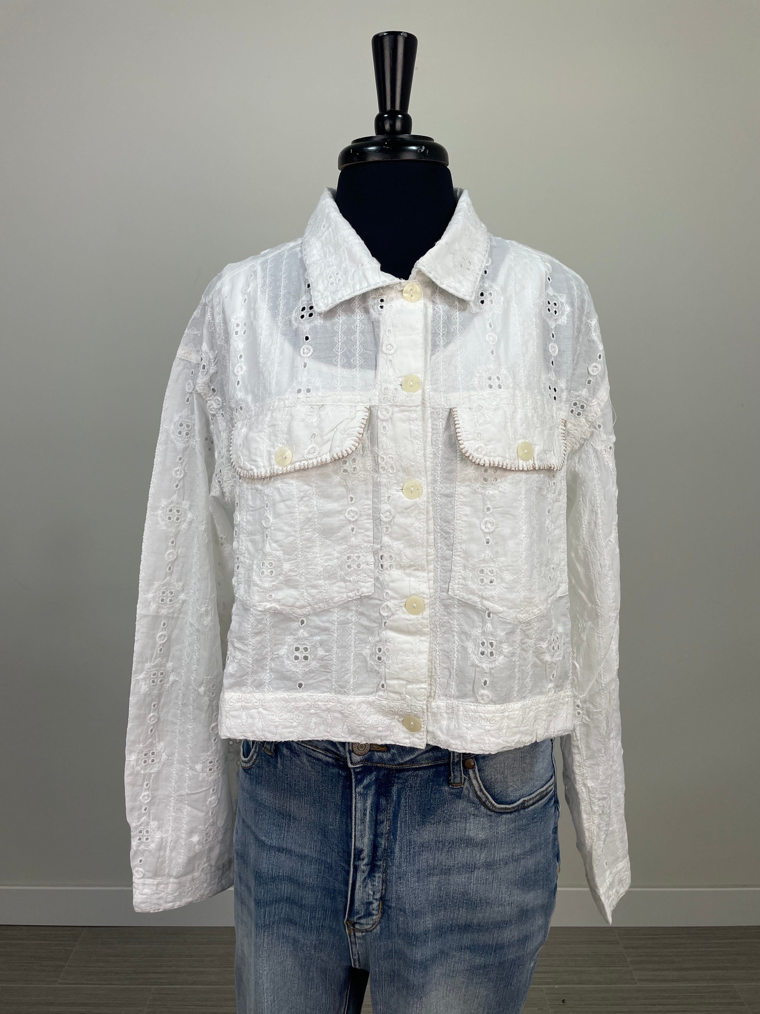 Off White Eyelet Contrast Trim Light Jacket