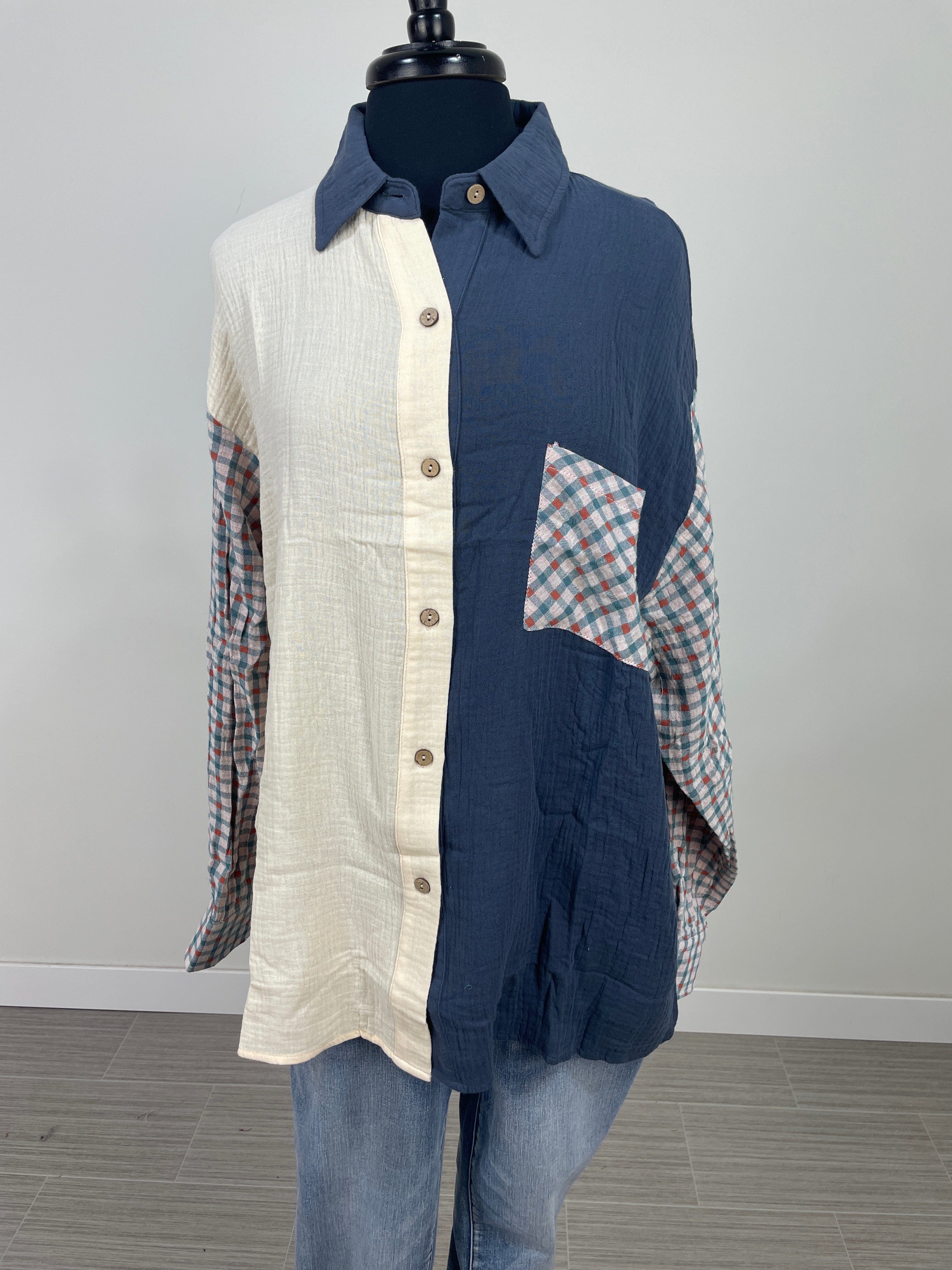 Navy Colorblock Button Down Shirt