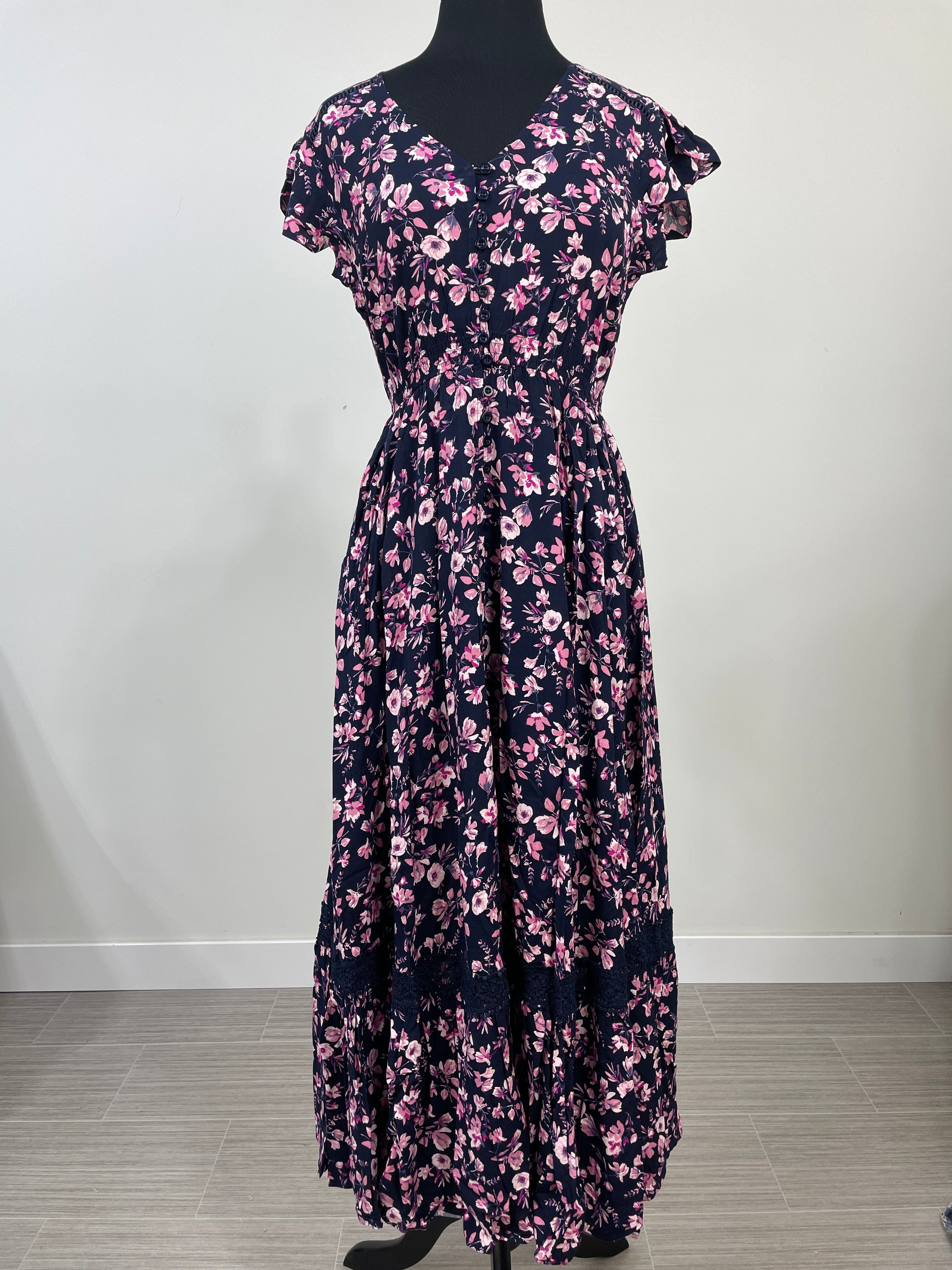 Navy & Pink Floral Lace Inset Maxi Dress