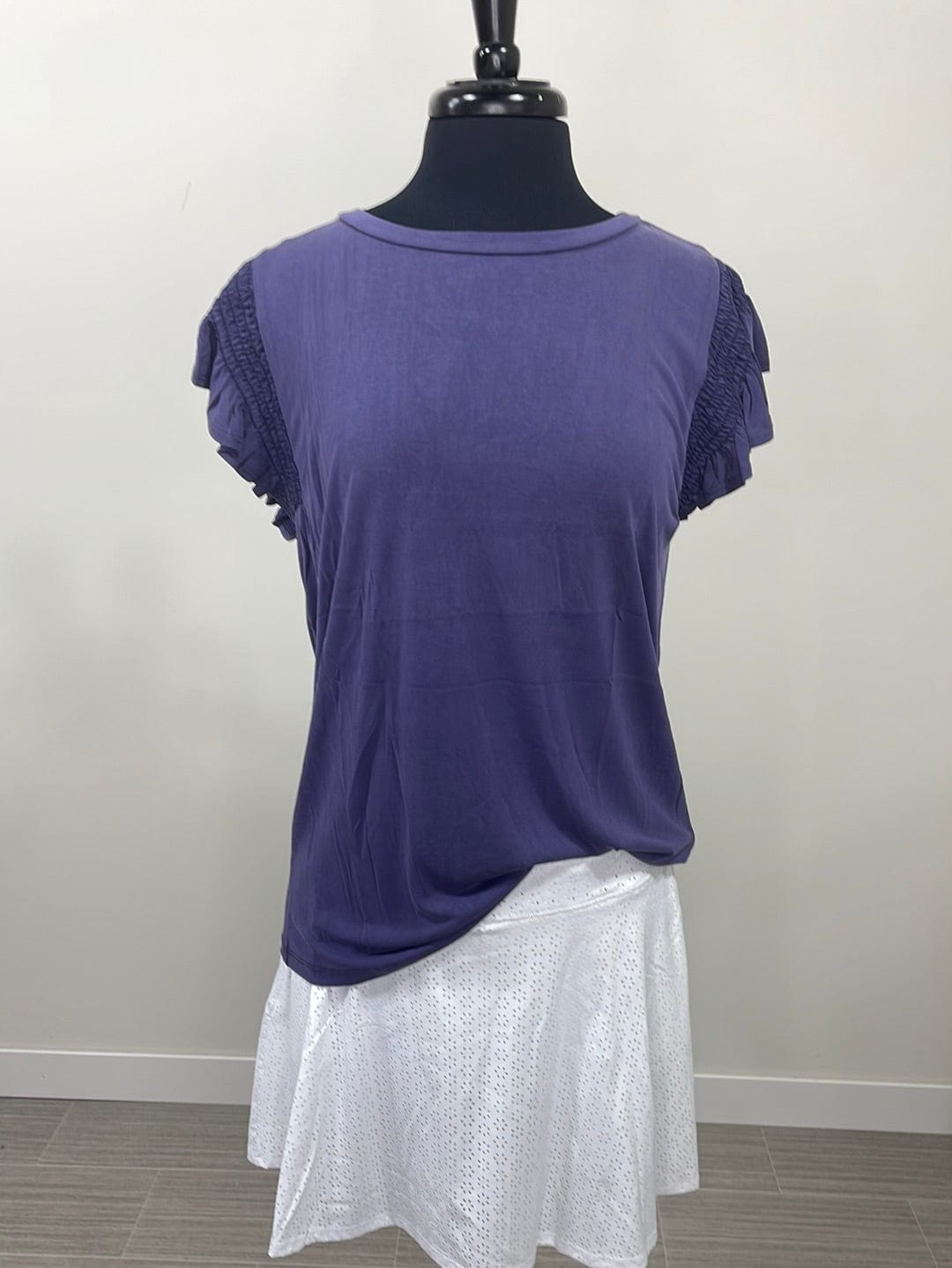 Navy Pinstripe Ruffle Cap Sleeve Top