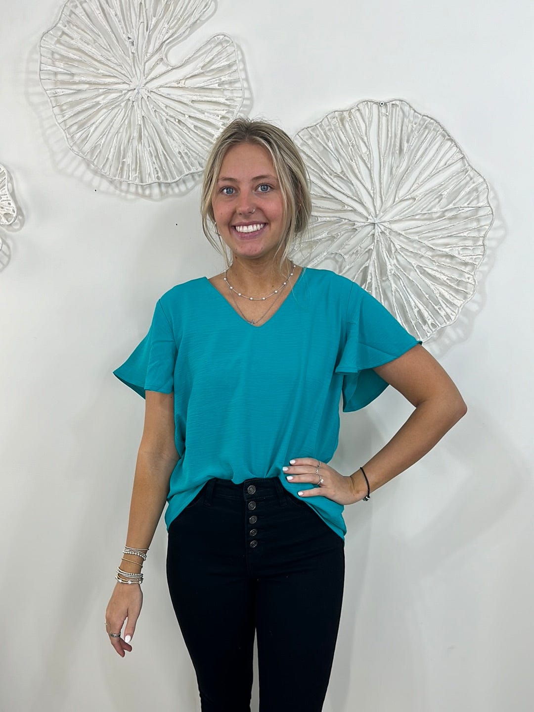 Teal Woven Flutter Sleeve Top