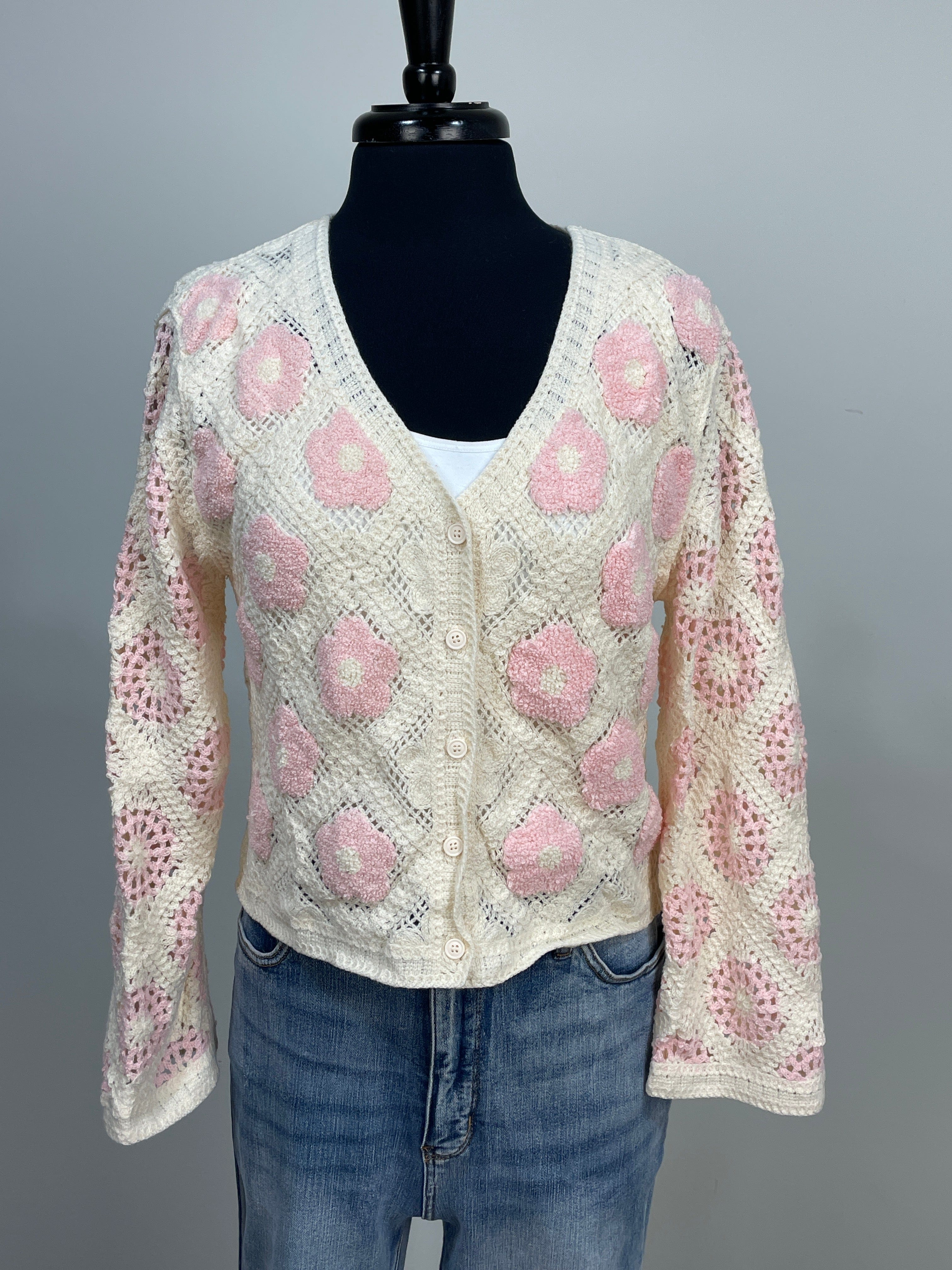 Light Pink Flower Crochet Cropped Cardigan