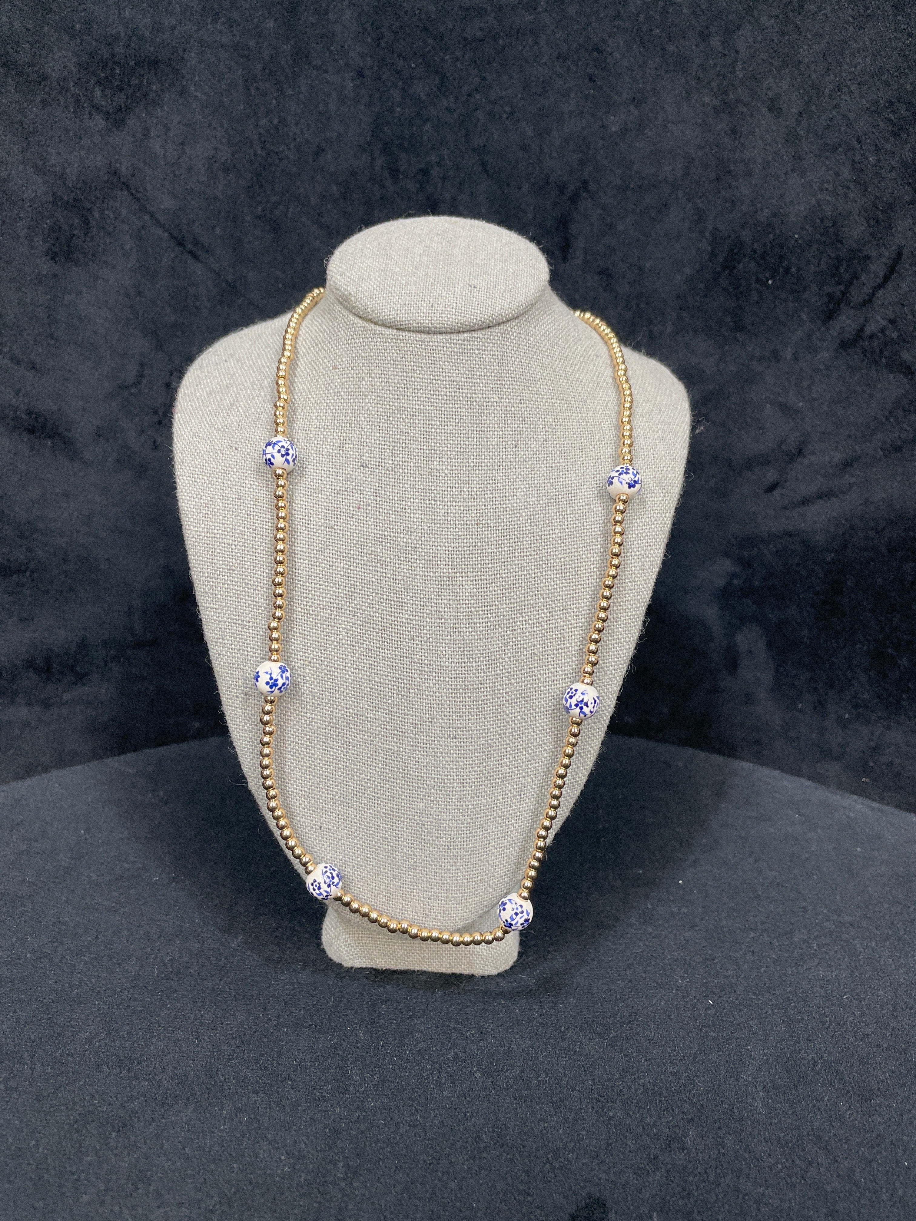 Gold Beaded Blue Ceramic Bead Necklace