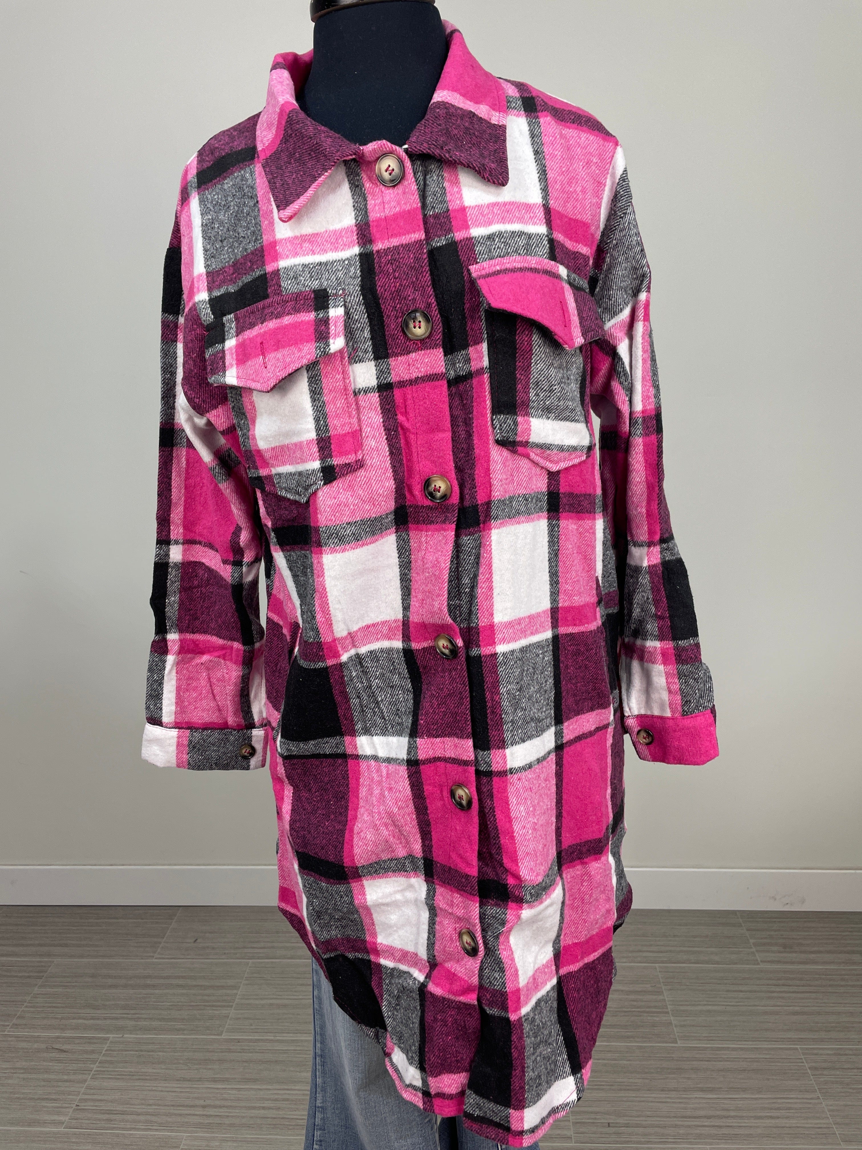 Pink & Black Plaid Long Shacket