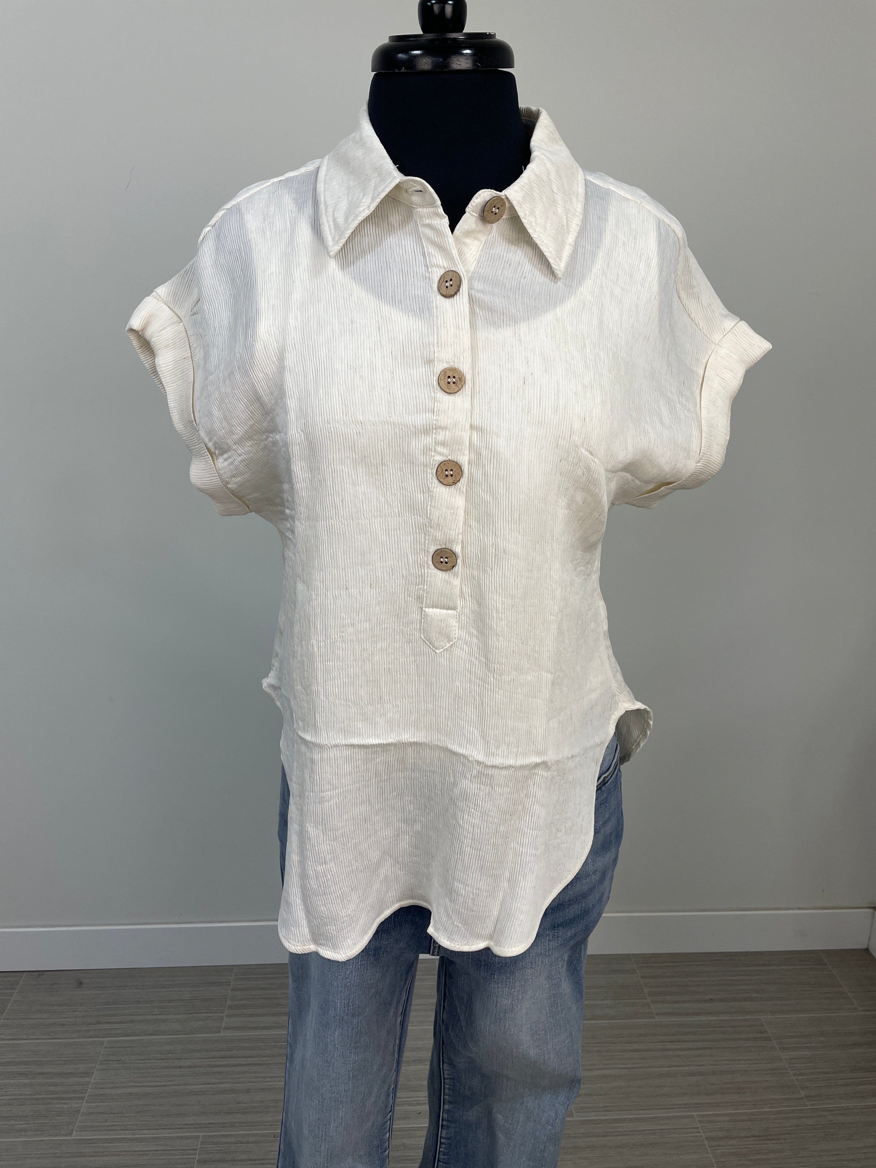 Natural Ribbed Button Collar Top
