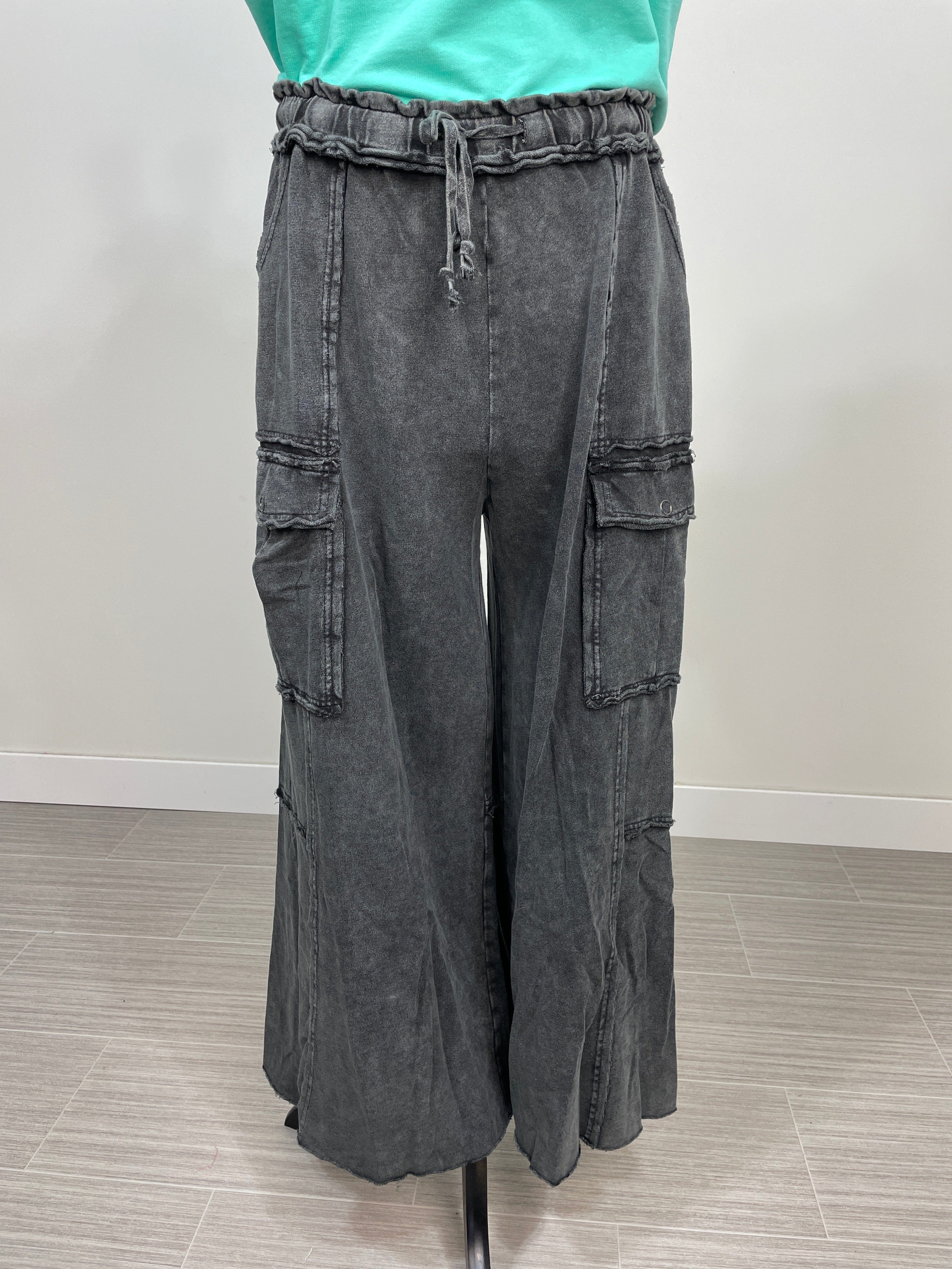 Black Mineral Washed Wide Leg Knit Pant