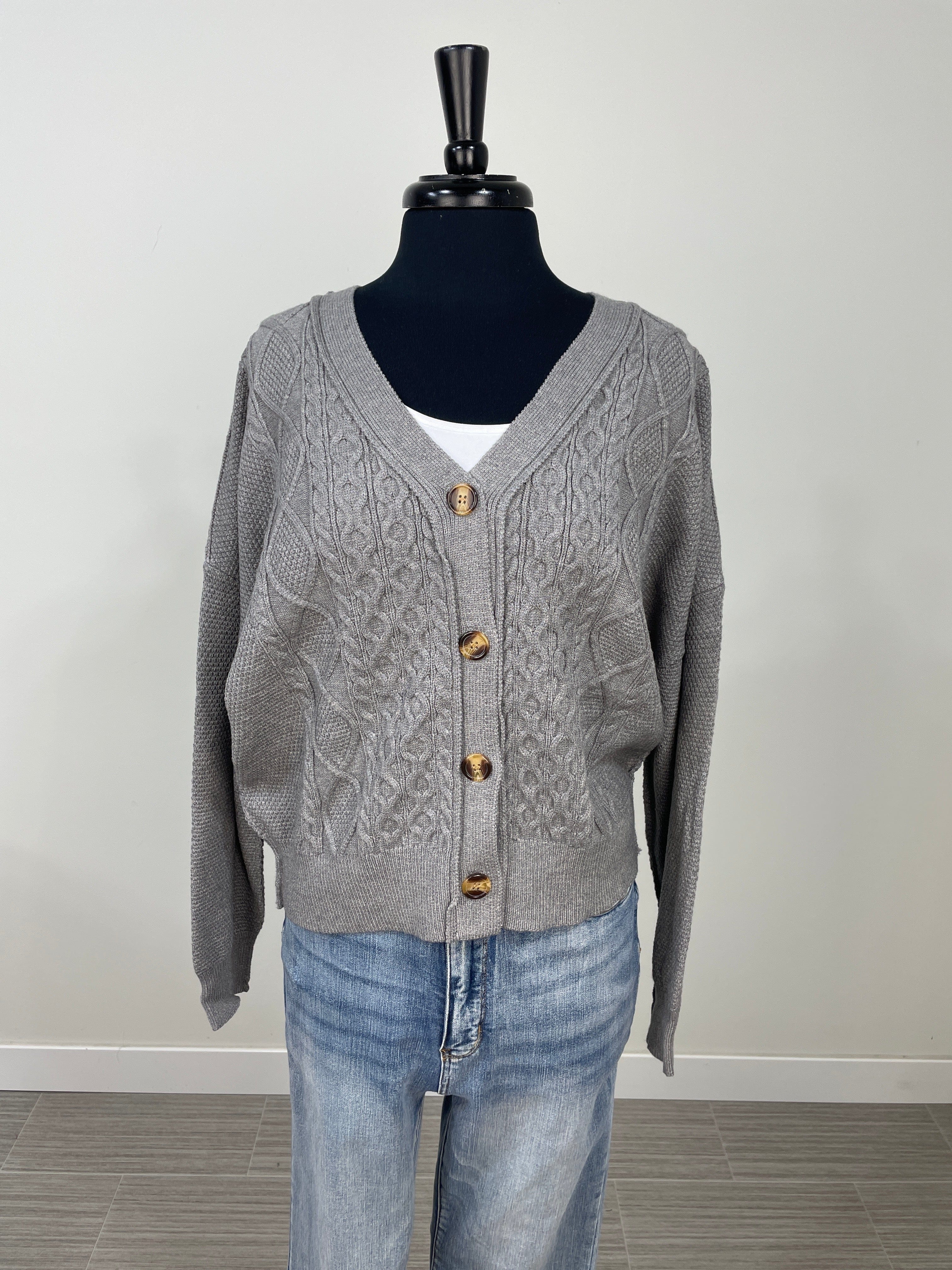 Heather Grey Cable Knit Button Up Cardigan