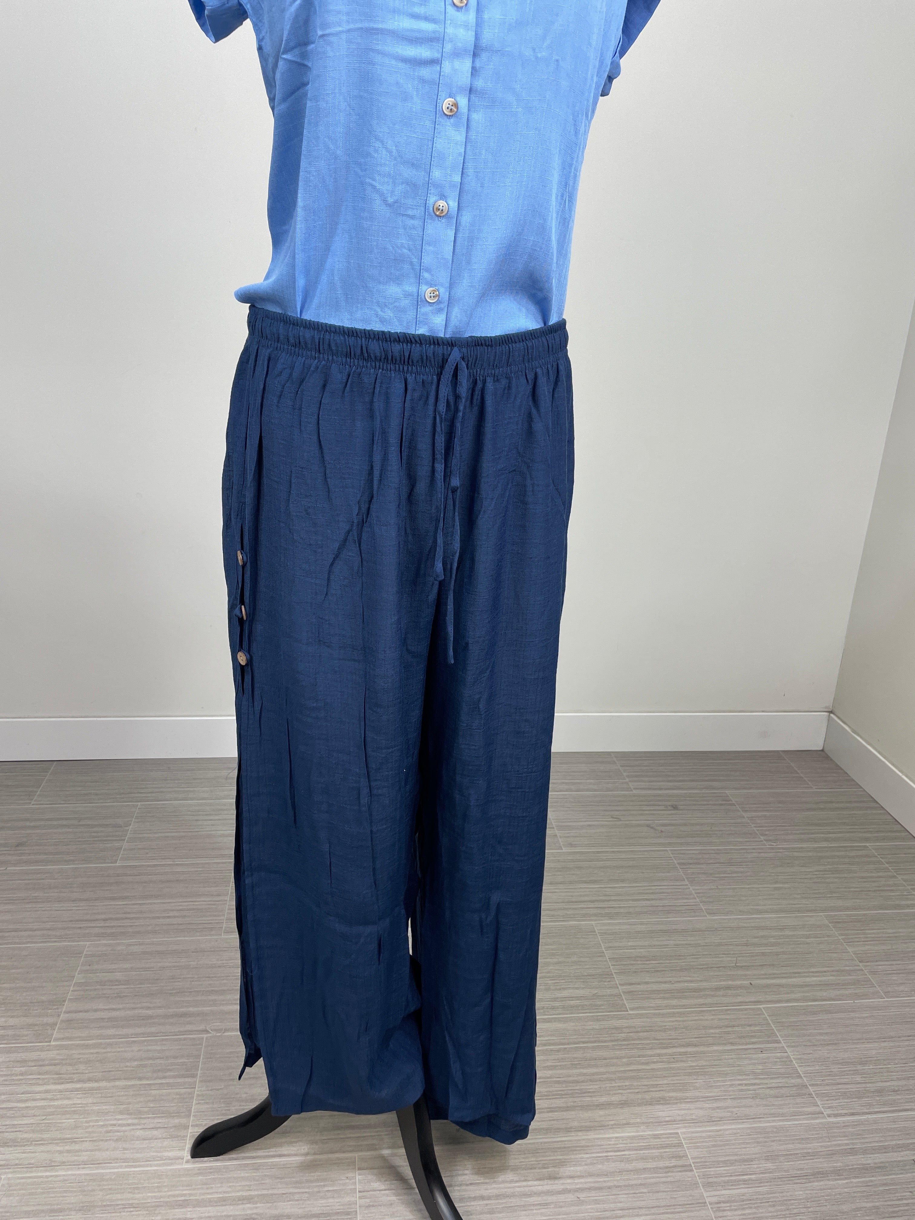 Navy Flowy Side Button Gauze Pant