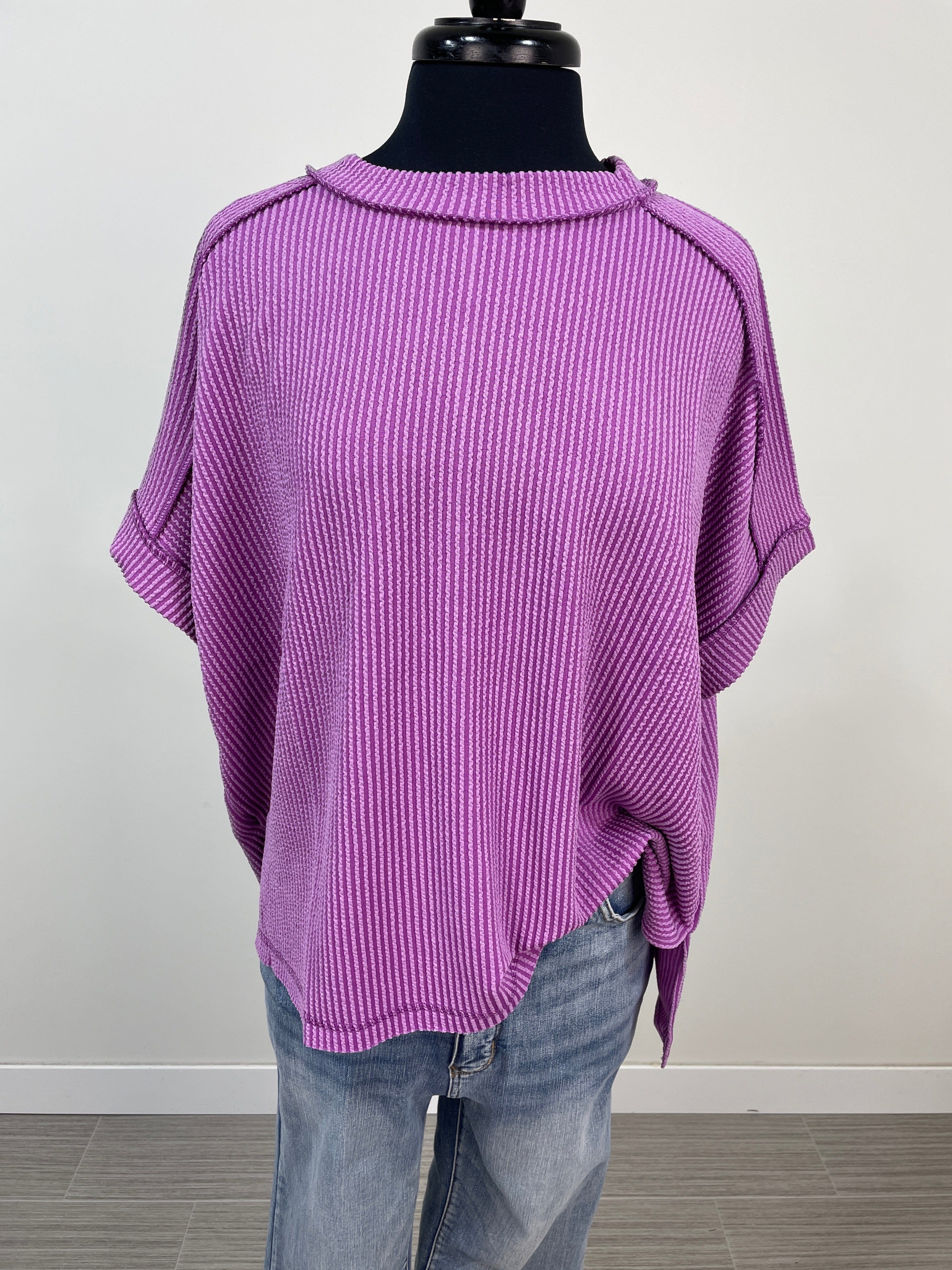 Light Plum Raised Rib Cuff Sleeve Top
