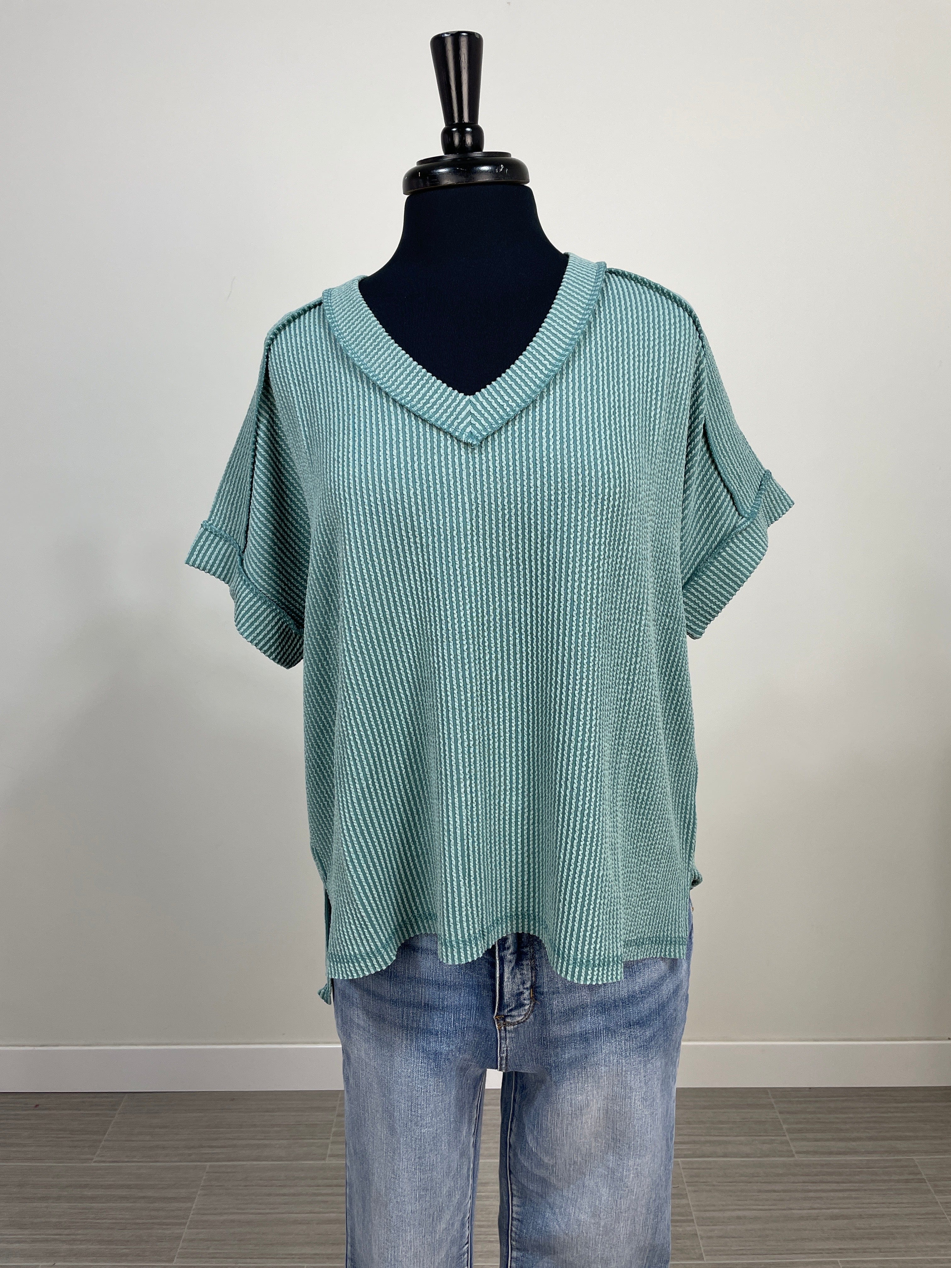 Jade Corded Rib Vneck Top