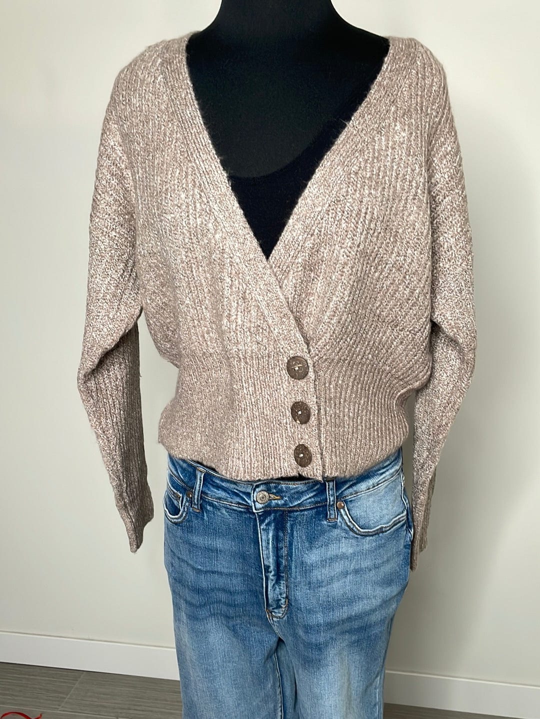 Taupe Crop Cardi w/Coconut Buttons