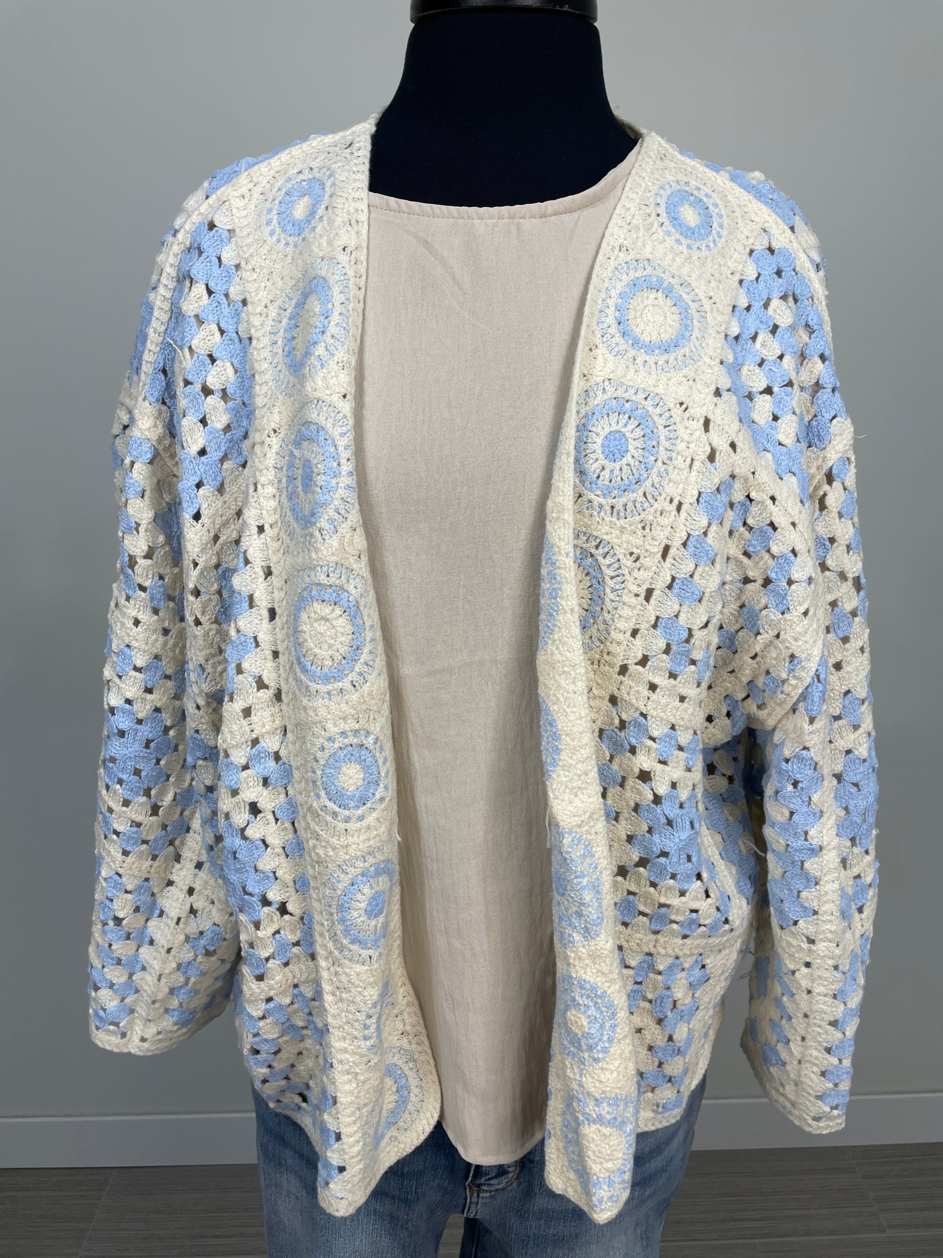 Light Blue Open Crochet Cardigan OS