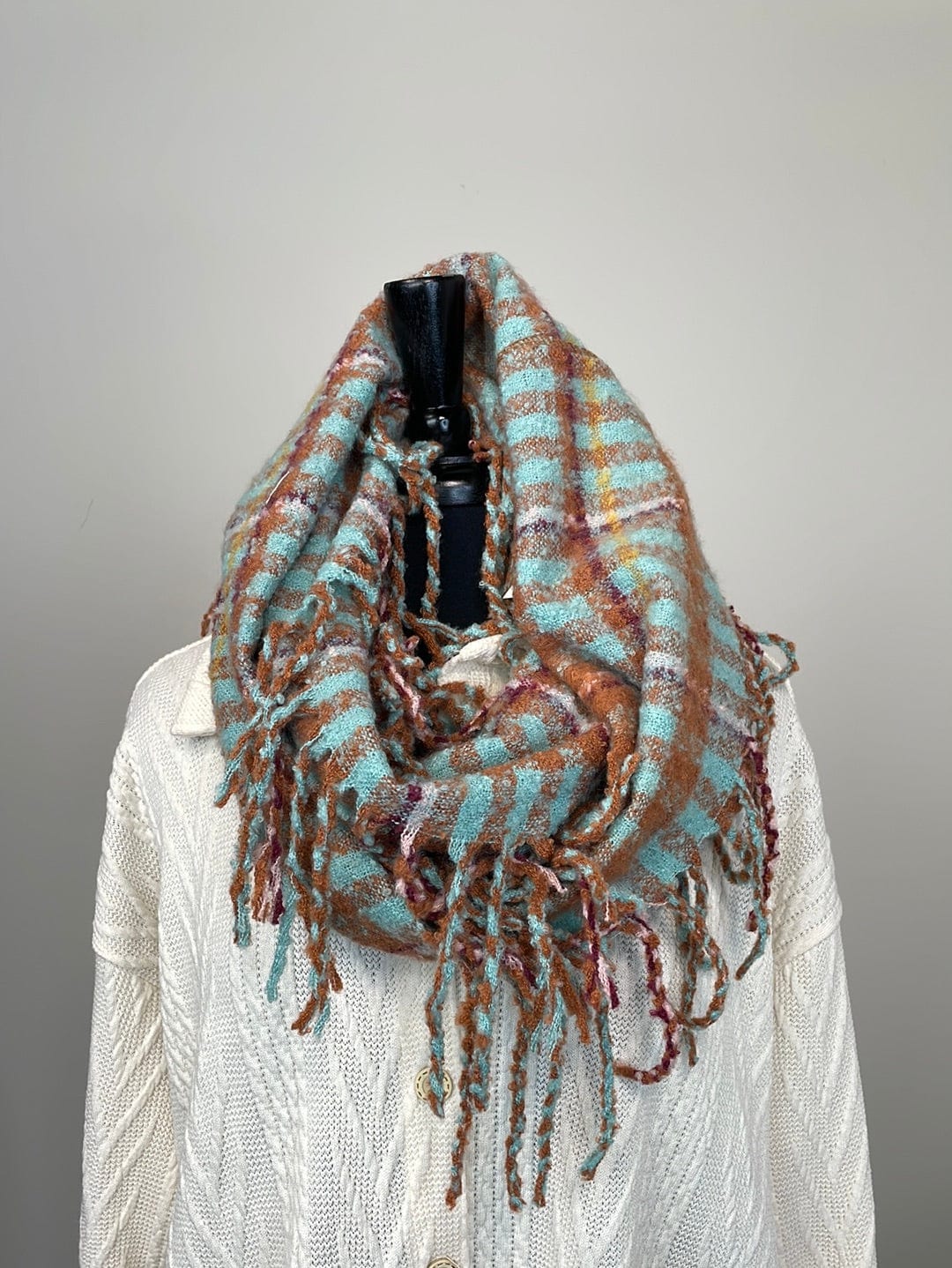 Turquoise Plaid Infinity Tassel Scarf