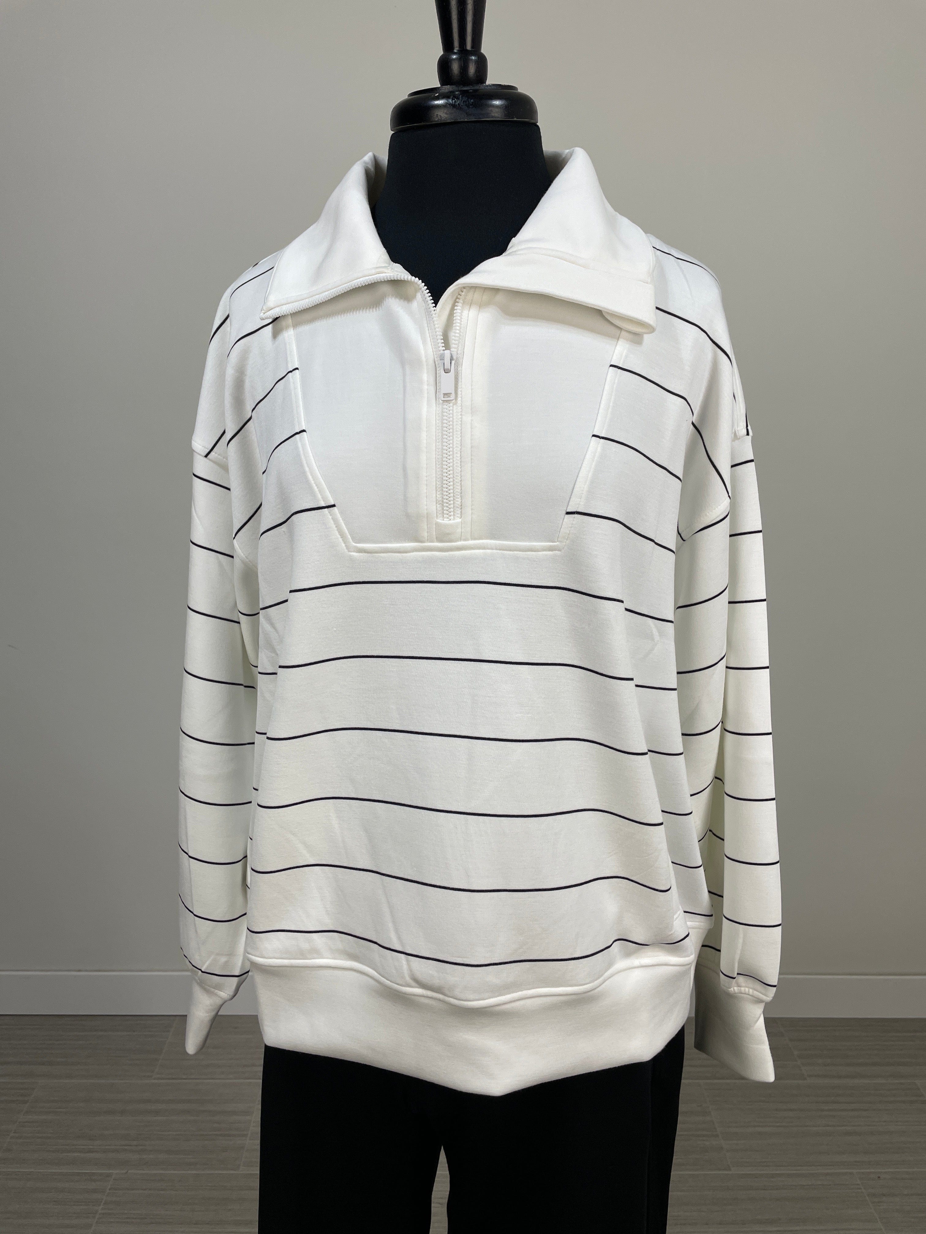 Cream & Black Modal Stripe Quarter Zip