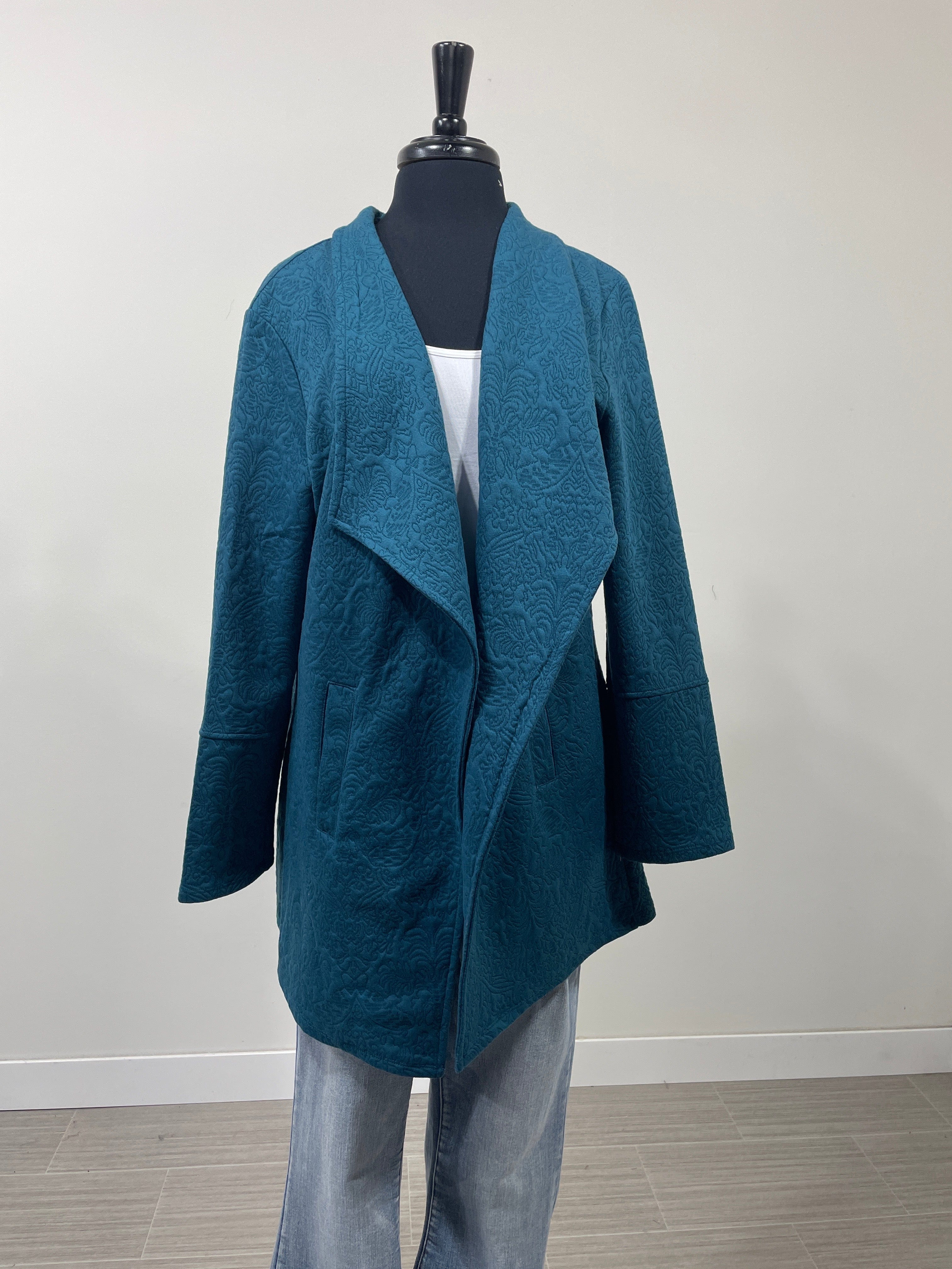 Teal Open Front Shawl Collar Quilted Jacket